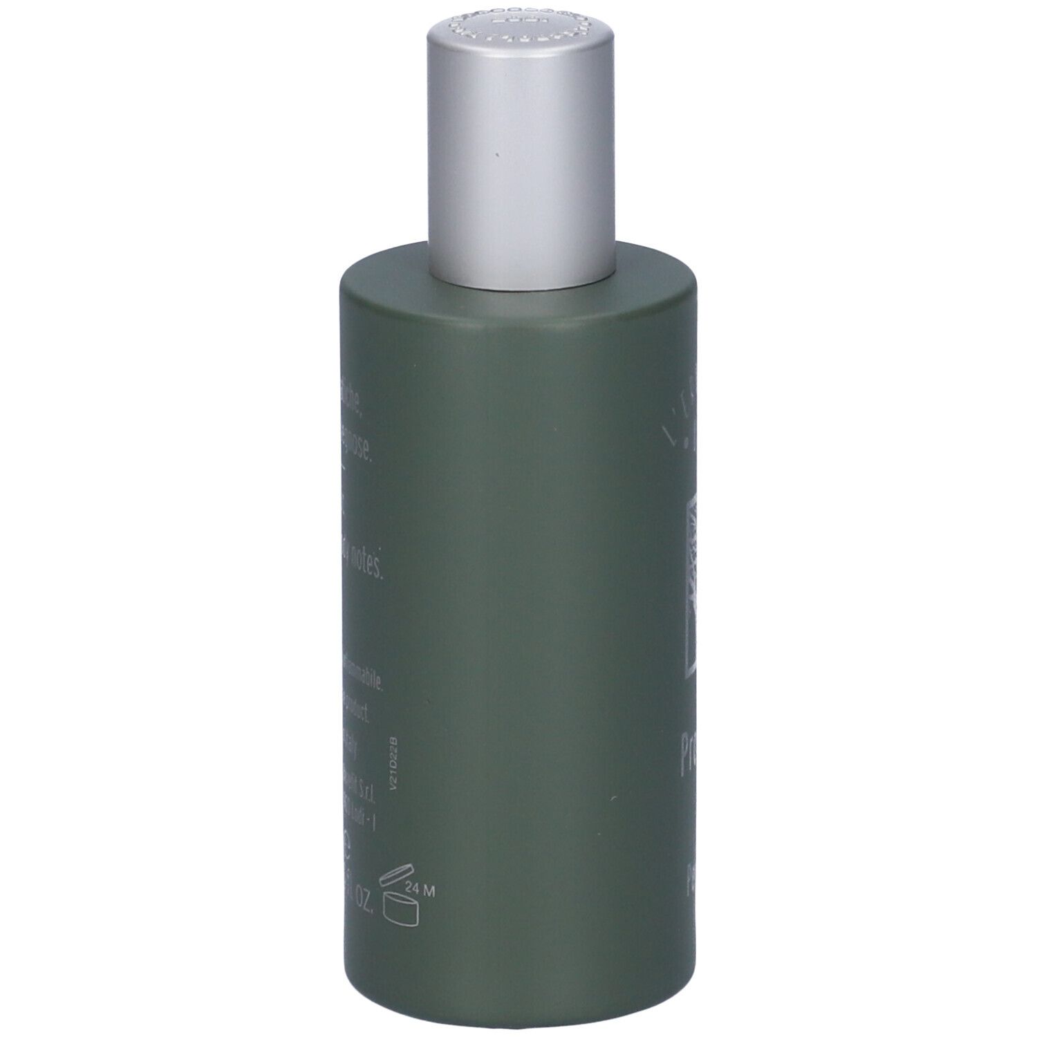 Flacone verde con tappo argentato. Scritta: L'Erbolario Uomo, Profumo. Logo albero.