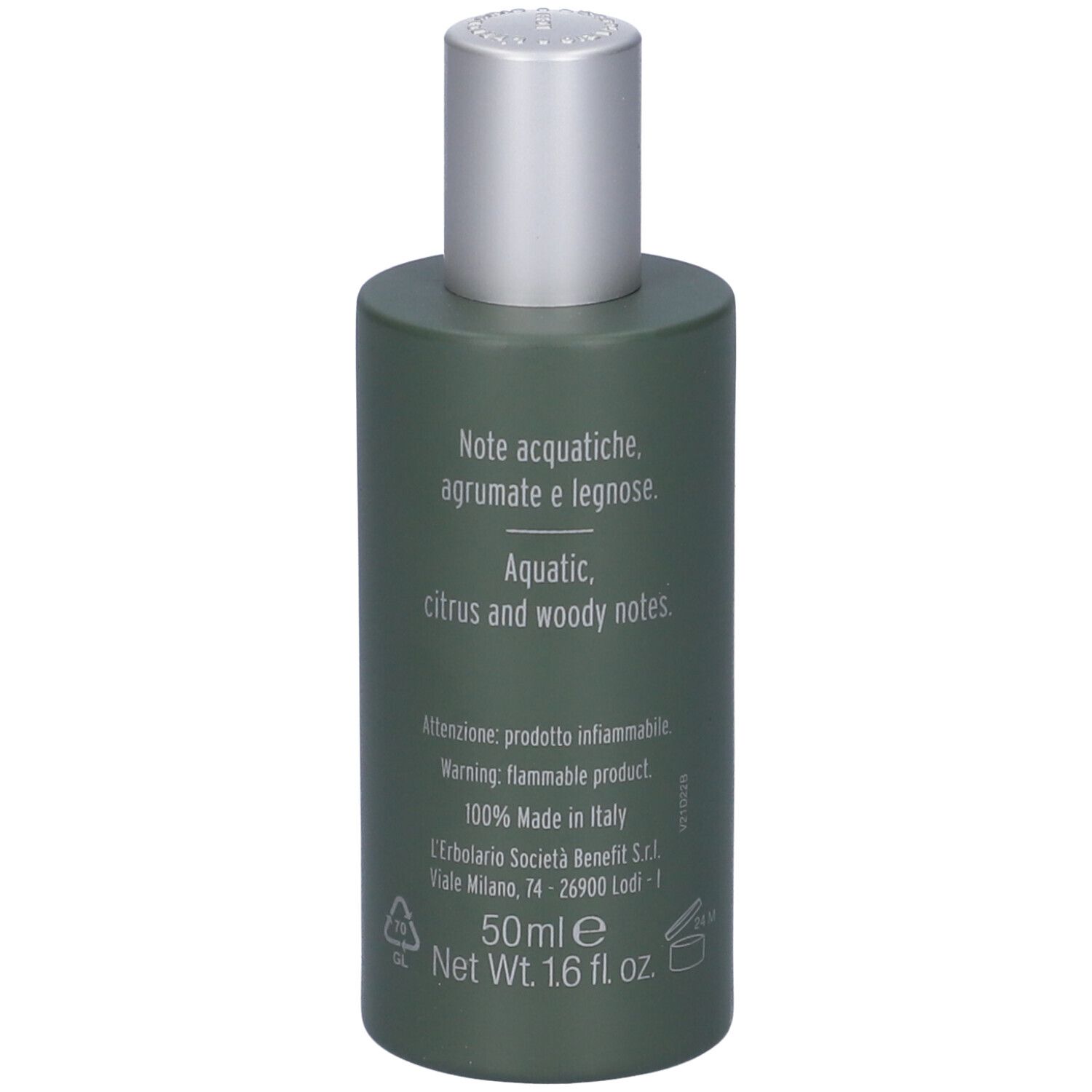 Flacone verde con tappo argentato. Scritta: L'Erbolario Uomo, Profumo. Testo.
