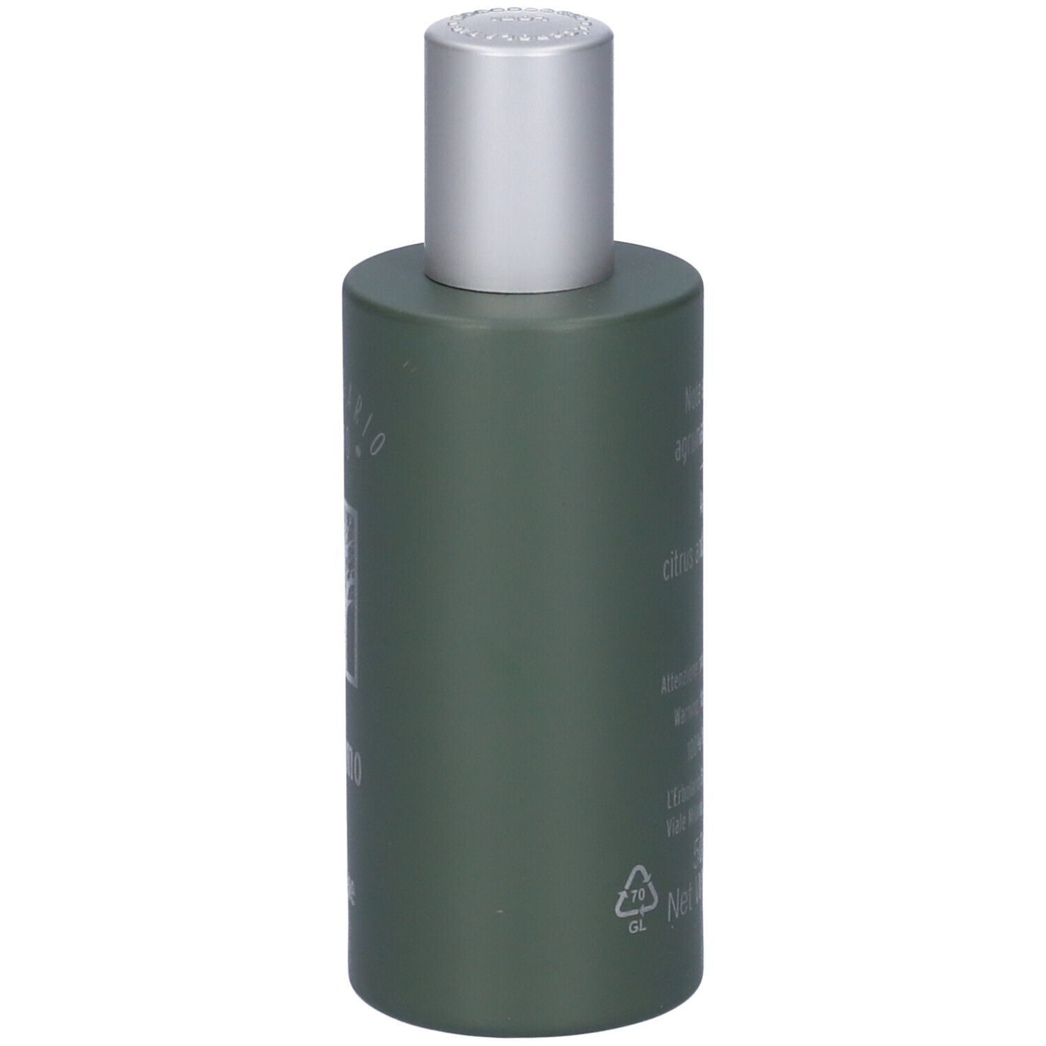 Flacone verde con tappo argentato. Scritta: L'Erbolario Uomo, Profumo. Testo.