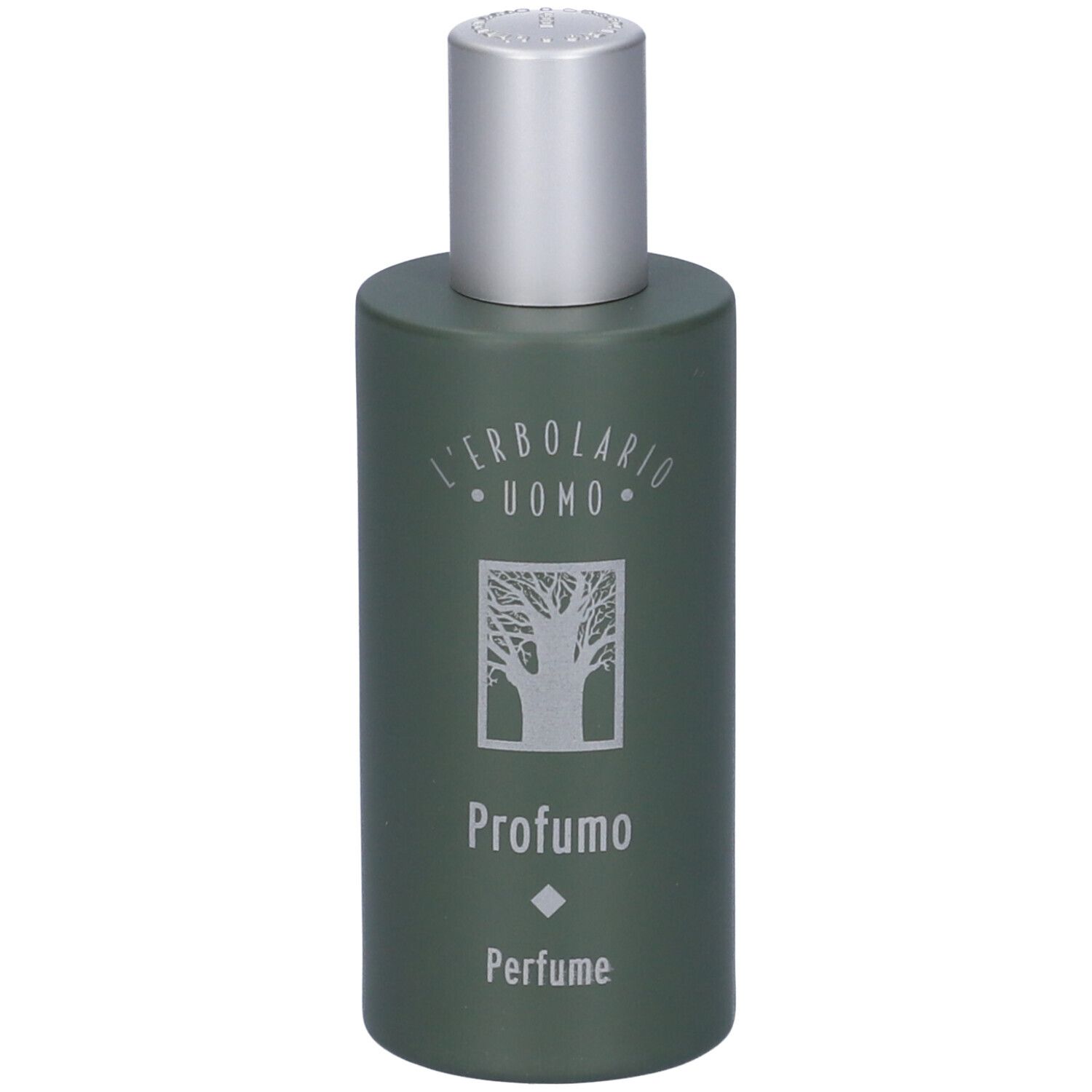 Flacone verde con tappo argentato. Scritta: L'Erbolario Uomo, Profumo. Logo albero.