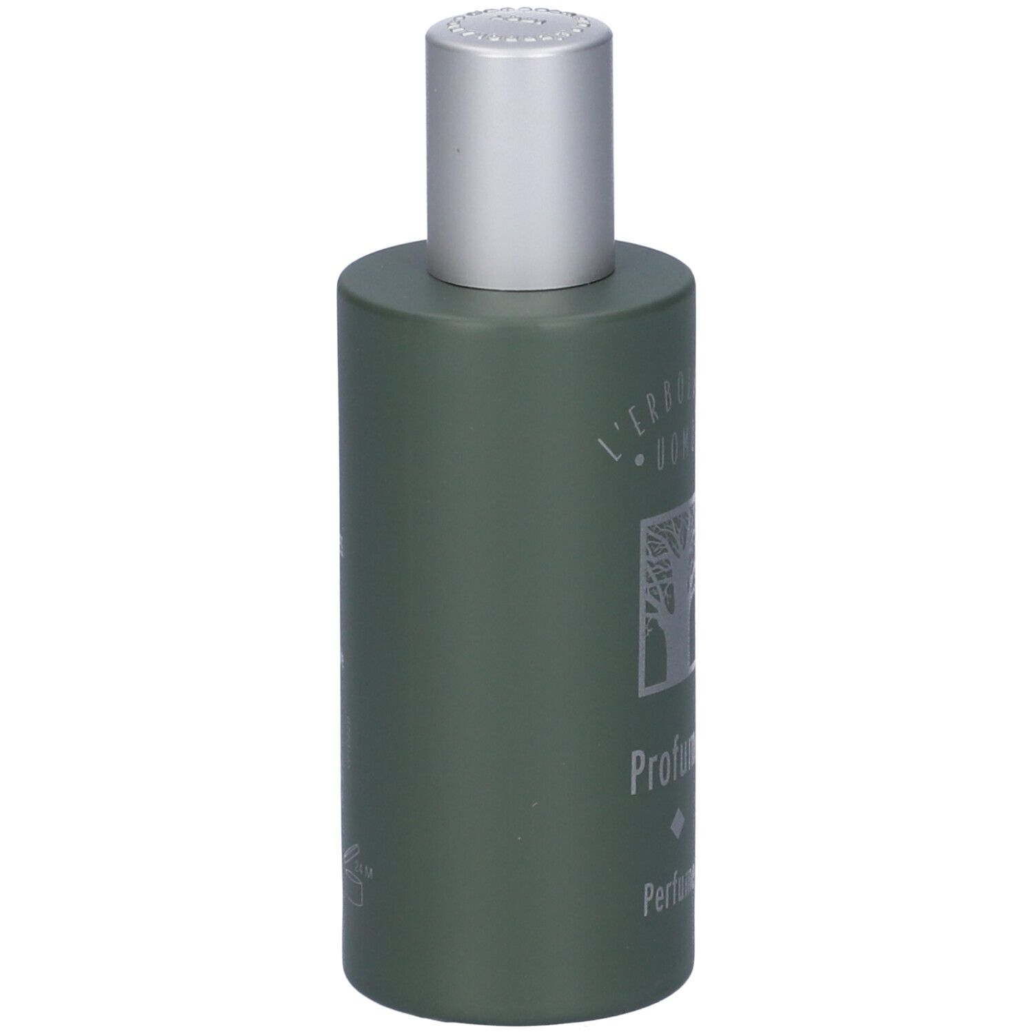 Flacone verde con tappo argentato. Scritta: L'Erbolario Uomo, Profumo. Logo albero.