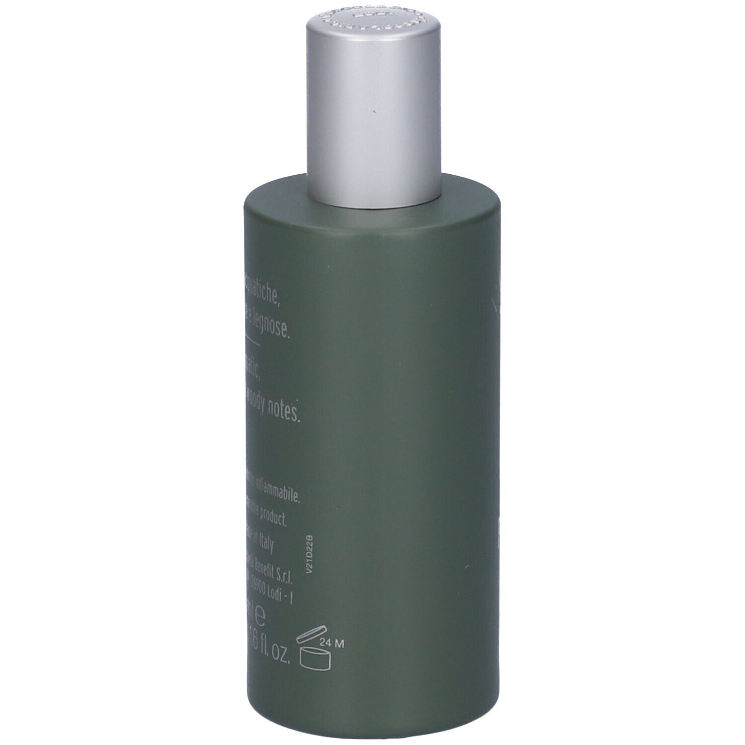 Flacone verde con tappo argentato. Scritta: L'Erbolario Uomo, Profumo. Testo.