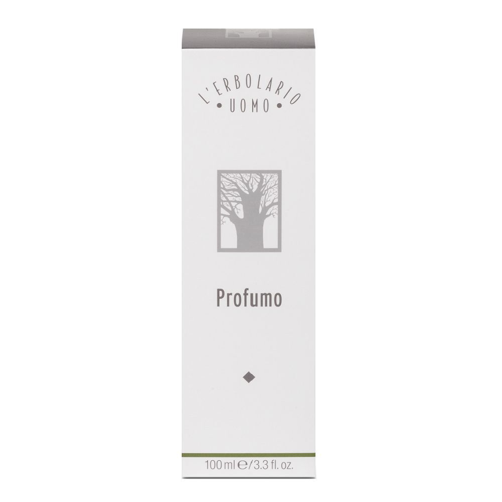 Confezione rettangolare bianca con logo e scritta 'Profumo'. In basso, '100ml / 3.3 fl. oz.'