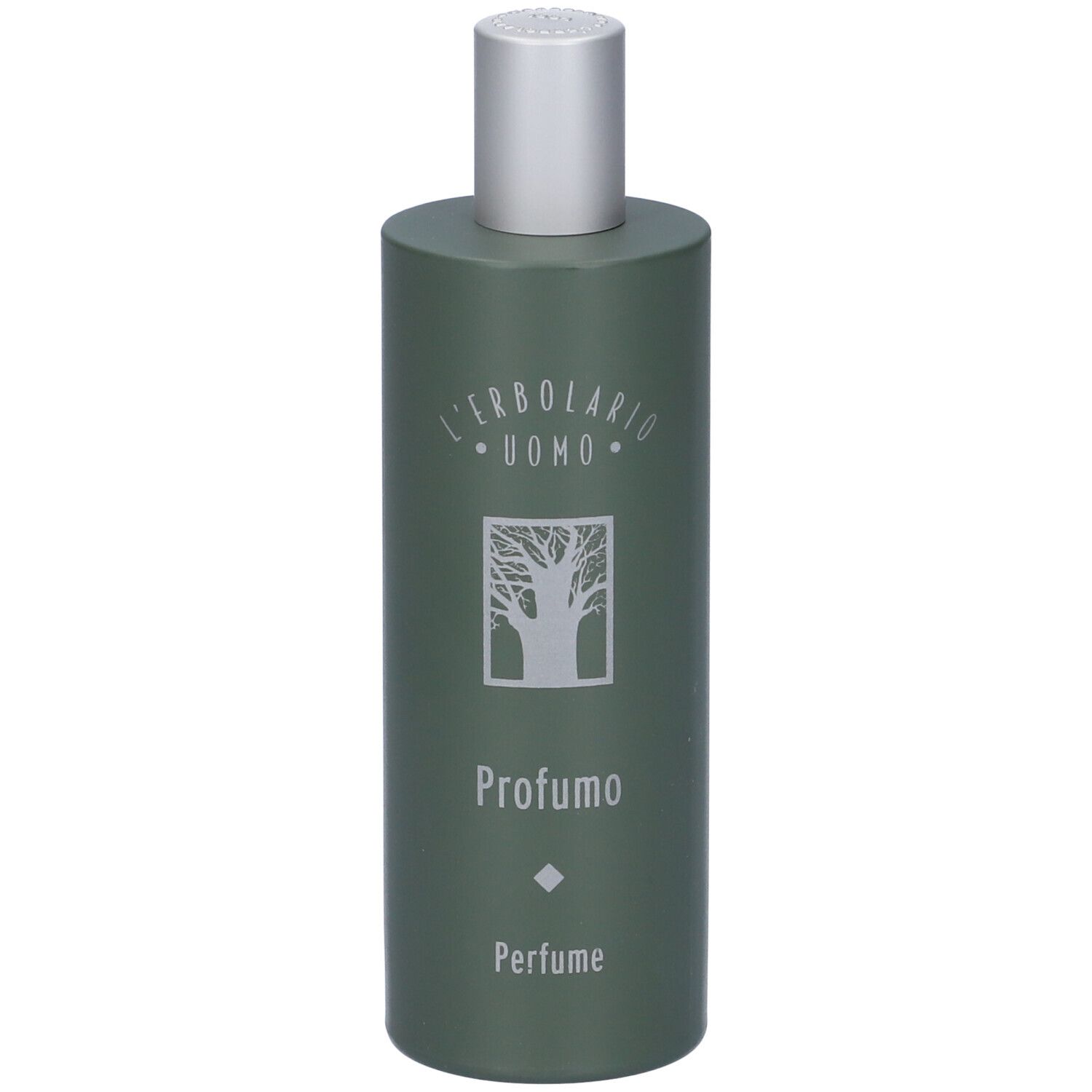 Flacone verde con tappo argentato. Scritta 'Profumo' e logo. Flacone in posizione verticale.