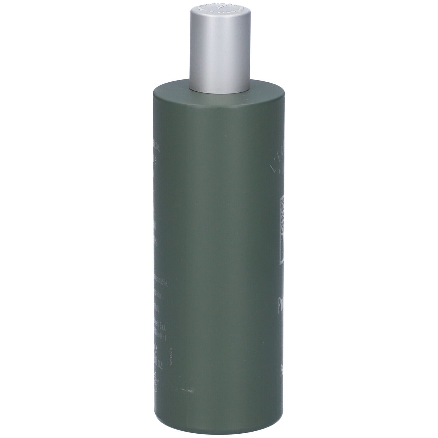 Flacone verde con tappo argentato. Scritta e logo parzialmente visibili. Flacone in posizione verticale.