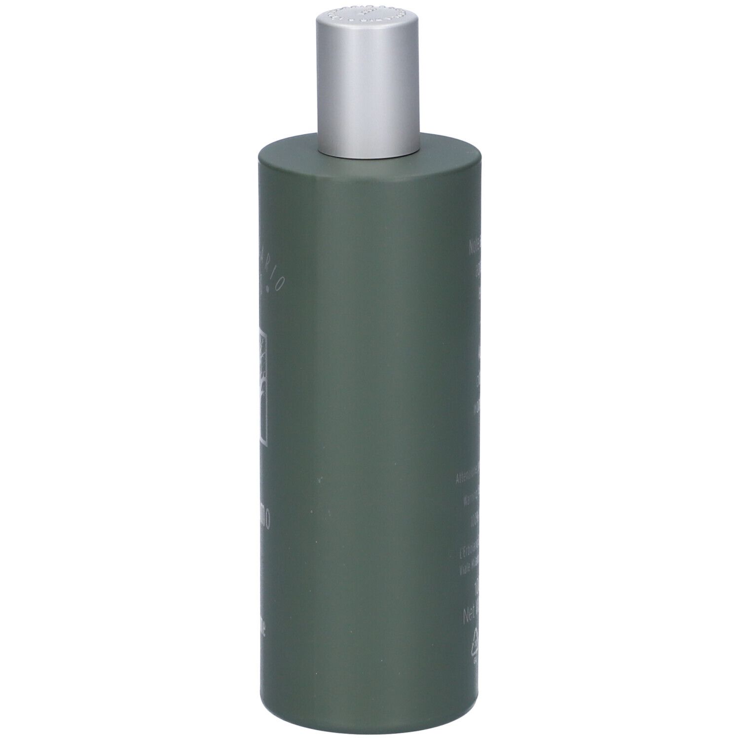 Flacone verde con tappo argentato. Retro con testo. Flacone in posizione verticale.