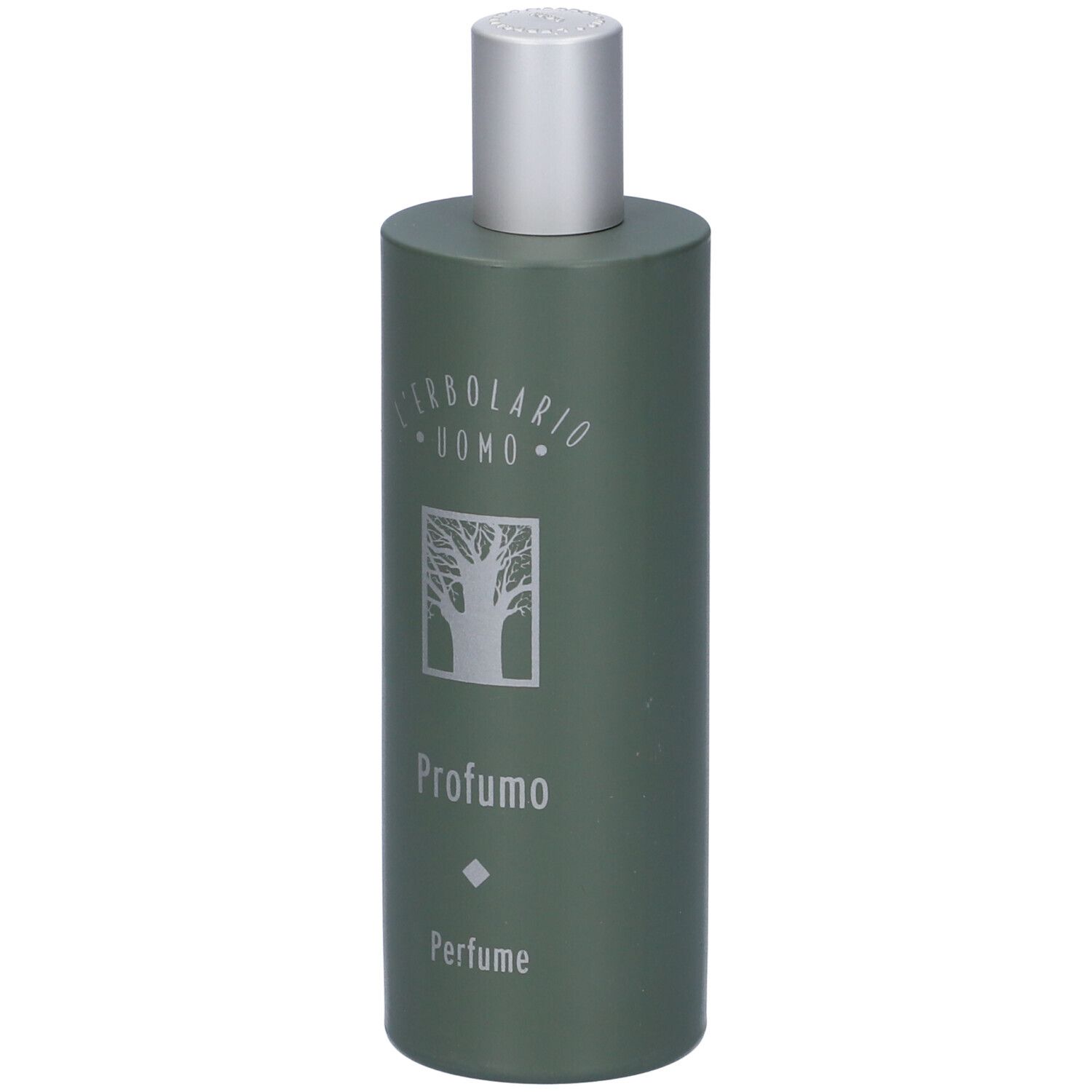 Flacone verde con tappo argentato. Scritta 'Profumo' e logo. Flacone in posizione verticale.