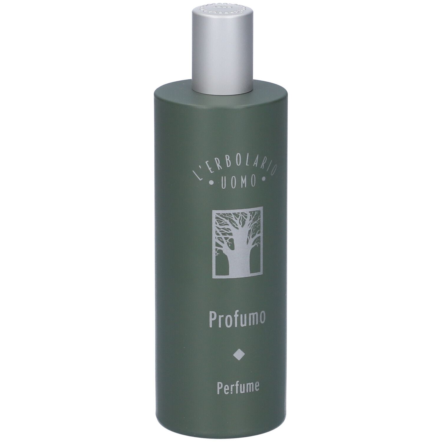 Flacone verde con tappo argentato. Scritta 'Profumo' e logo. Flacone in posizione verticale.