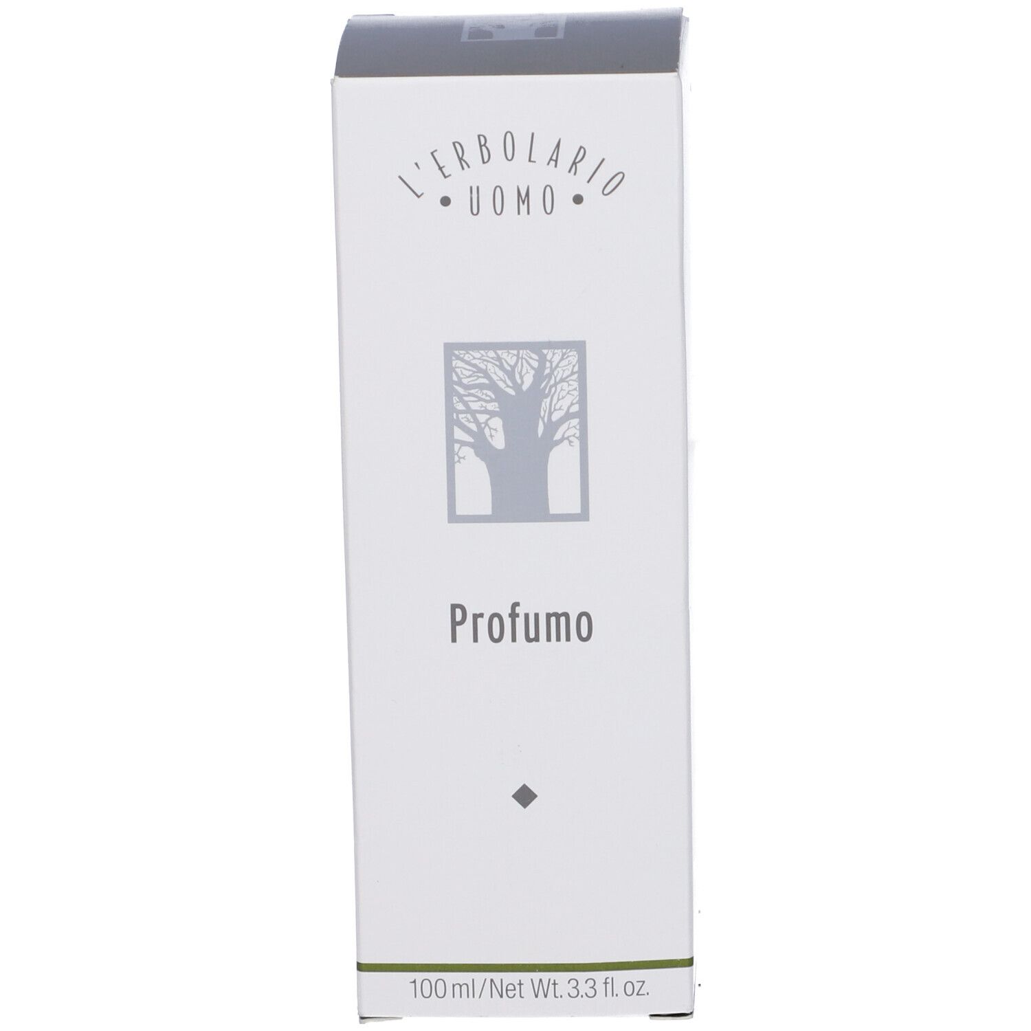 Confezione rettangolare bianca con logo e scritta 'Profumo'. In basso, '100ml / 3.3 fl. oz.'
