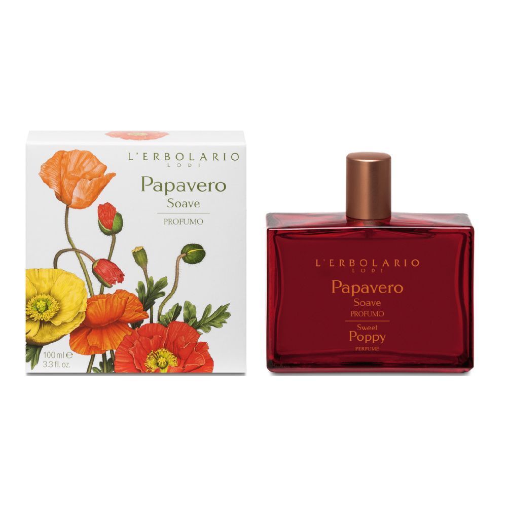 Flacone di profumo rosso e scatola. Sulla scatola: illustrazione floreale, nome del prodotto e marchio. Flacone con tappo marrone.