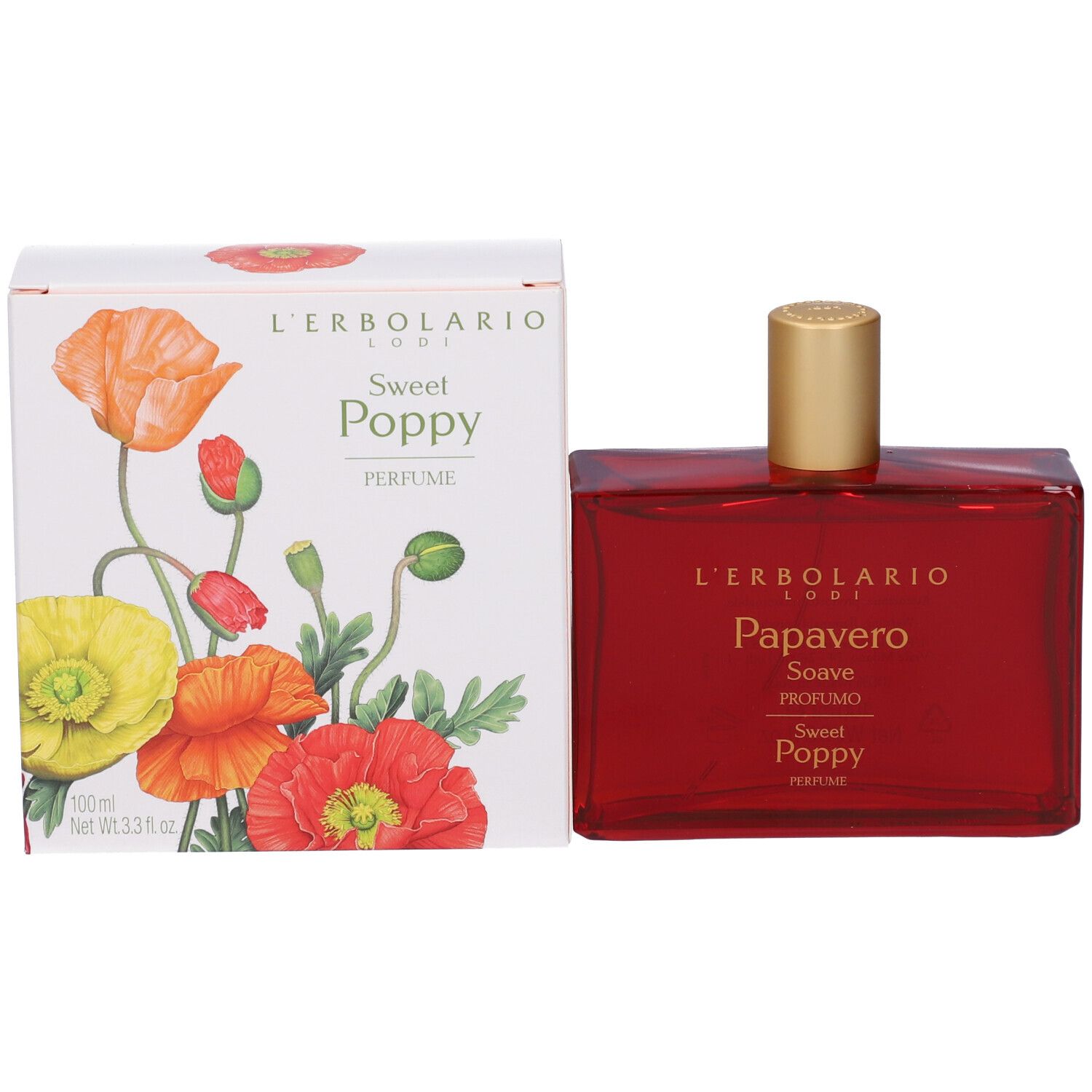 Flacone di profumo rosso e scatola. Sulla scatola: illustrazione floreale, nome del prodotto e marchio. Flacone con tappo dorato.
