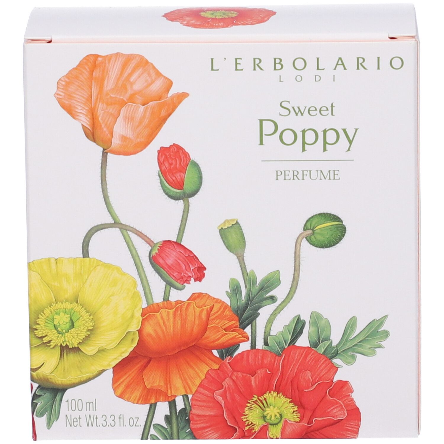 Scatola bianca con illustrazione floreale. Scritta: marchio, nome del prodotto e profumo.