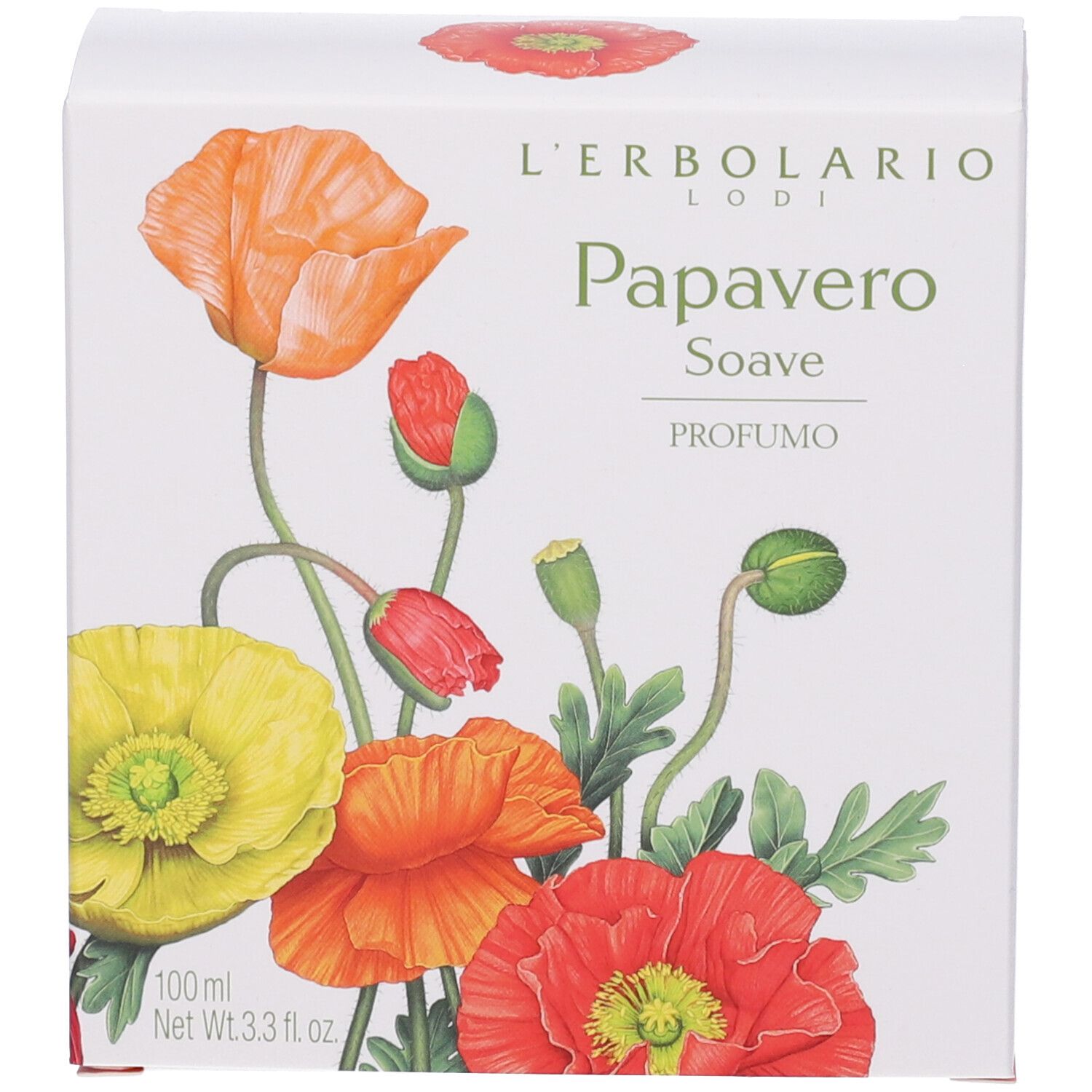 Scatola bianca con illustrazione floreale. Scritta: marchio, nome del prodotto e profumo.