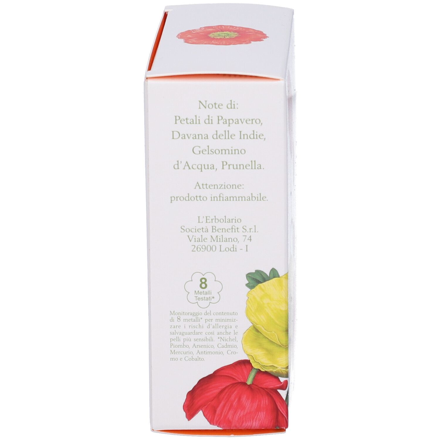 Scatola bianca con illustrazione floreale. Scritta: ingredienti, avvertenza e marchio di qualità.