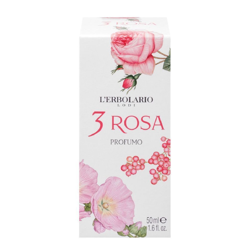 Weißer Karton mit rosa Rosen-Illustrationen. Text: L'Erbolario, 3 Rosa, Profumo, 50ml.
