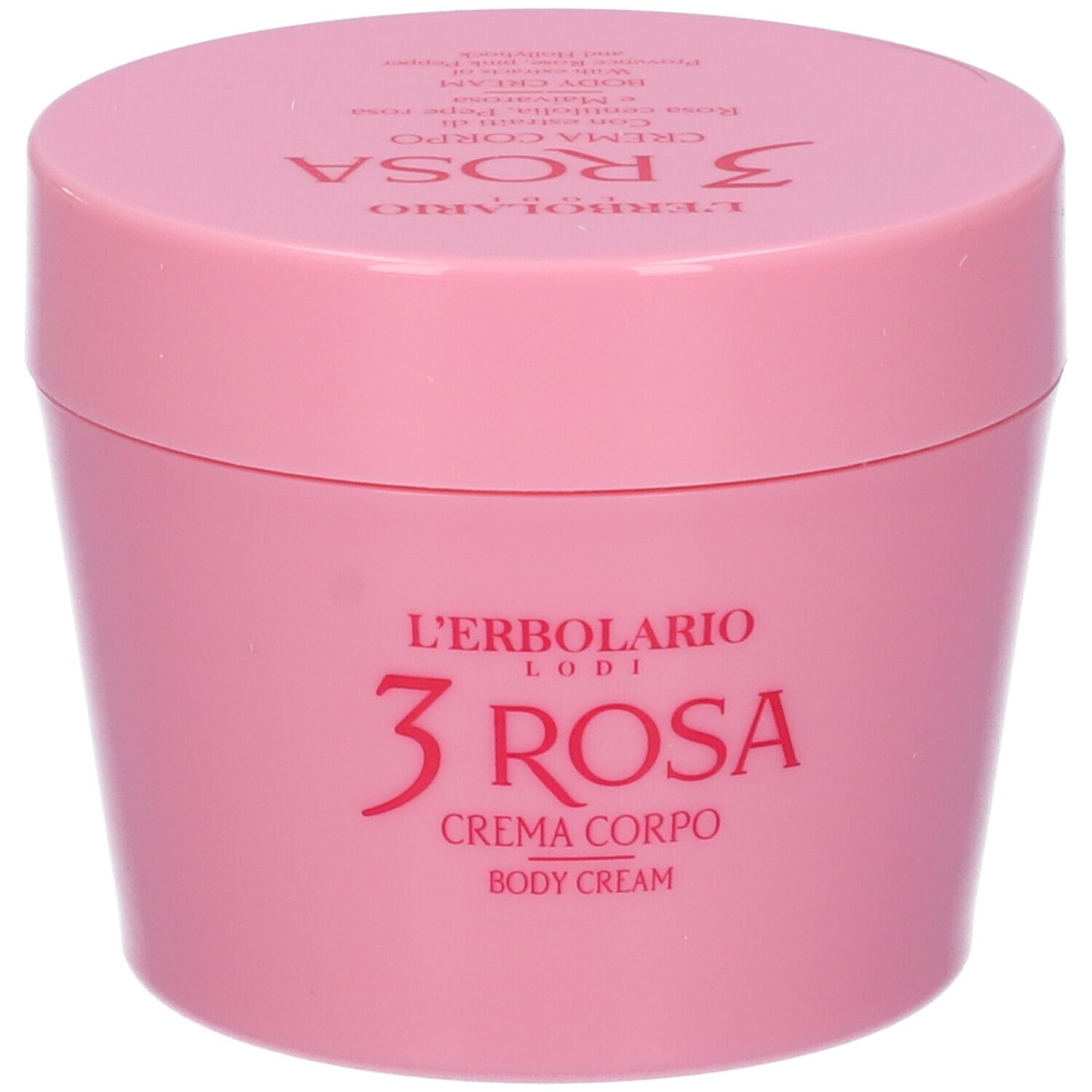 Rosa Tiegel mit Deckel. Text: L'Erbolario, 3 Rosa, Crema Corpo, Body Cream.
