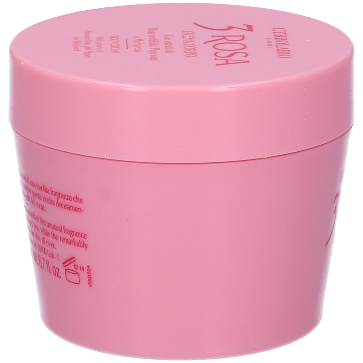 Rosa Tiegel mit Deckel. Text: L'Erbolario, 3 Rosa, Crema Corpo, Body Cream. Seitliche Text.
