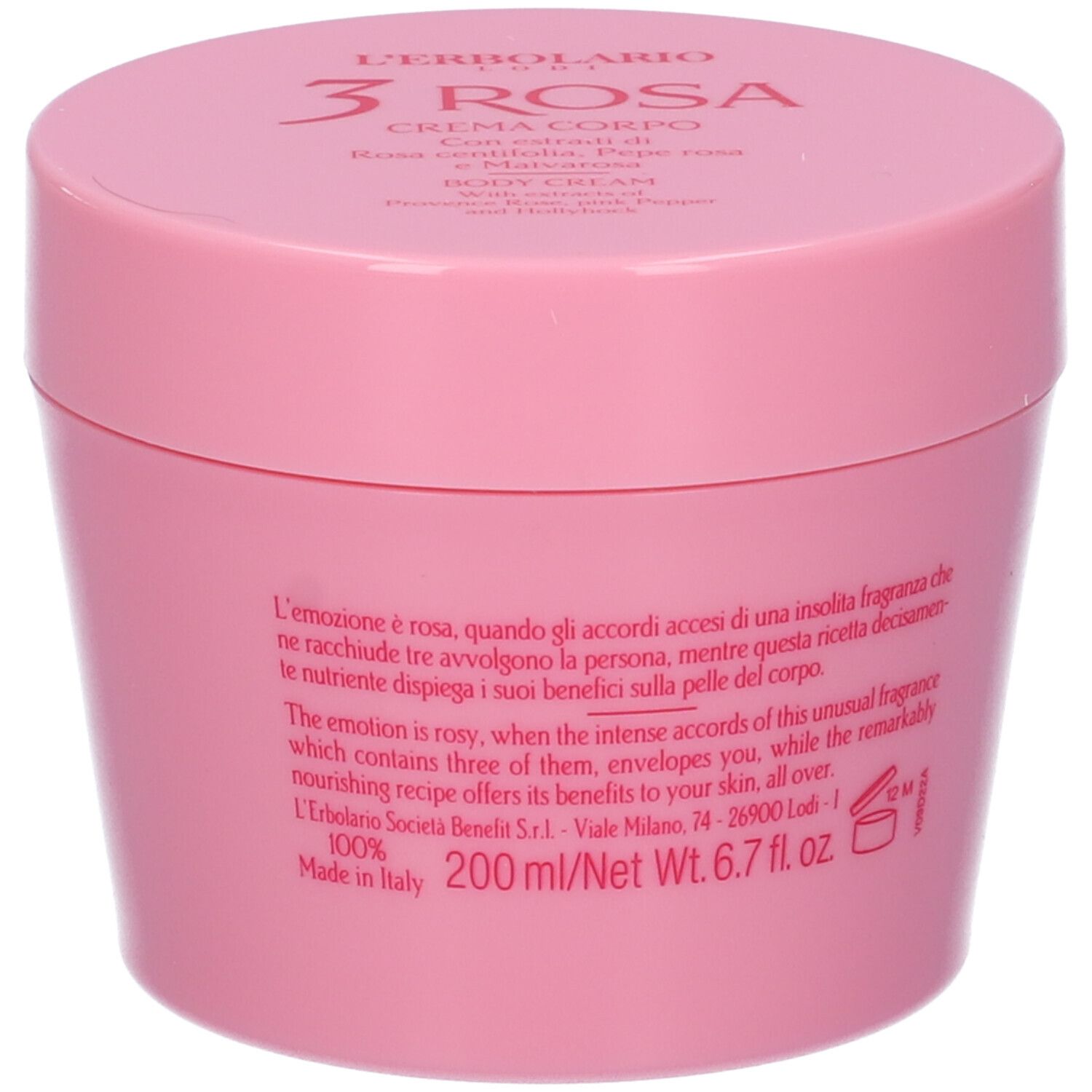 Rosa Tiegel mit Deckel. Text: L'Erbolario, 3 Rosa, Crema Corpo, Body Cream. Rückseitiger Text.
