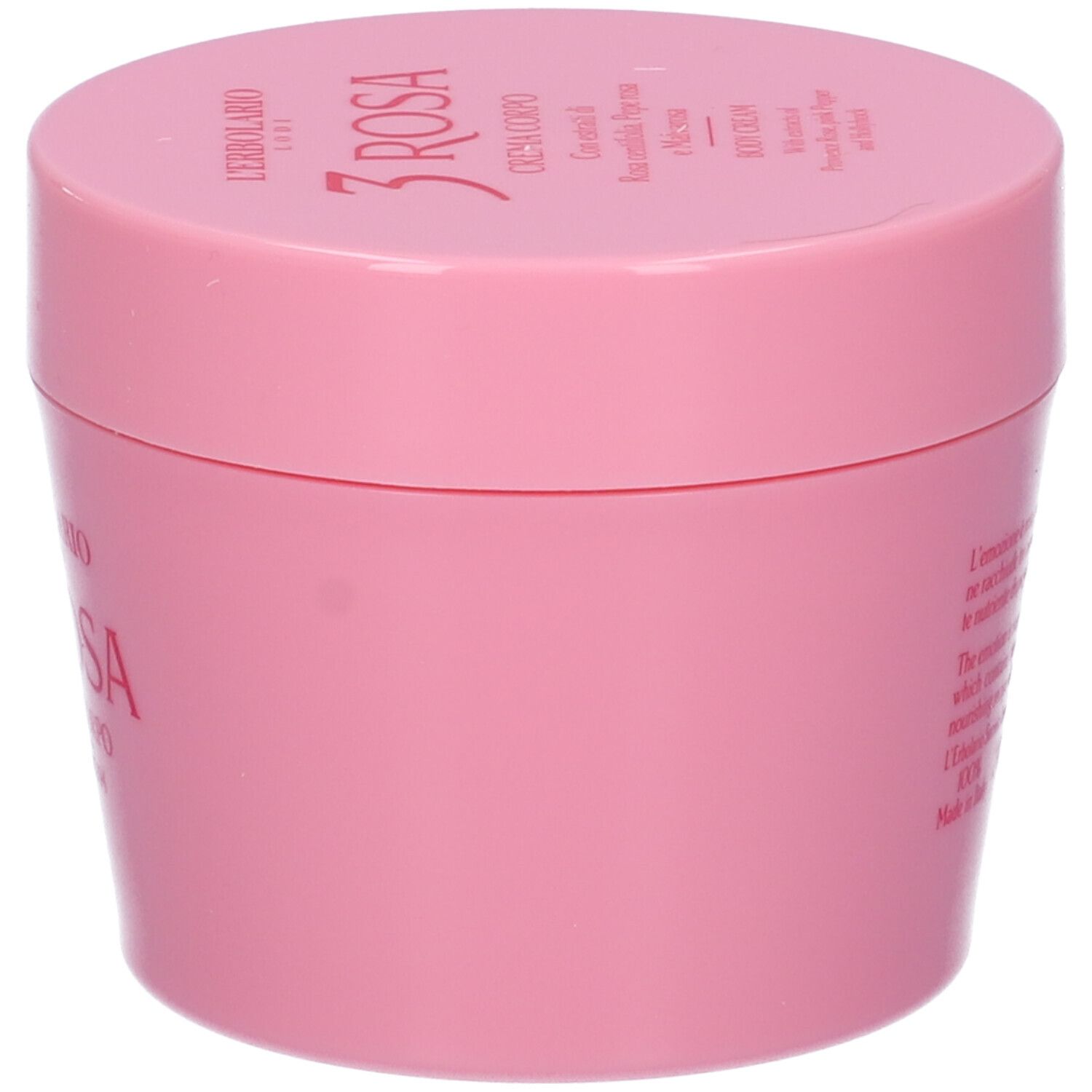Rosa Tiegel mit Deckel. Text: L'Erbolario, 3 Rosa, Crema Corpo, Body Cream. Seitlicher Text.