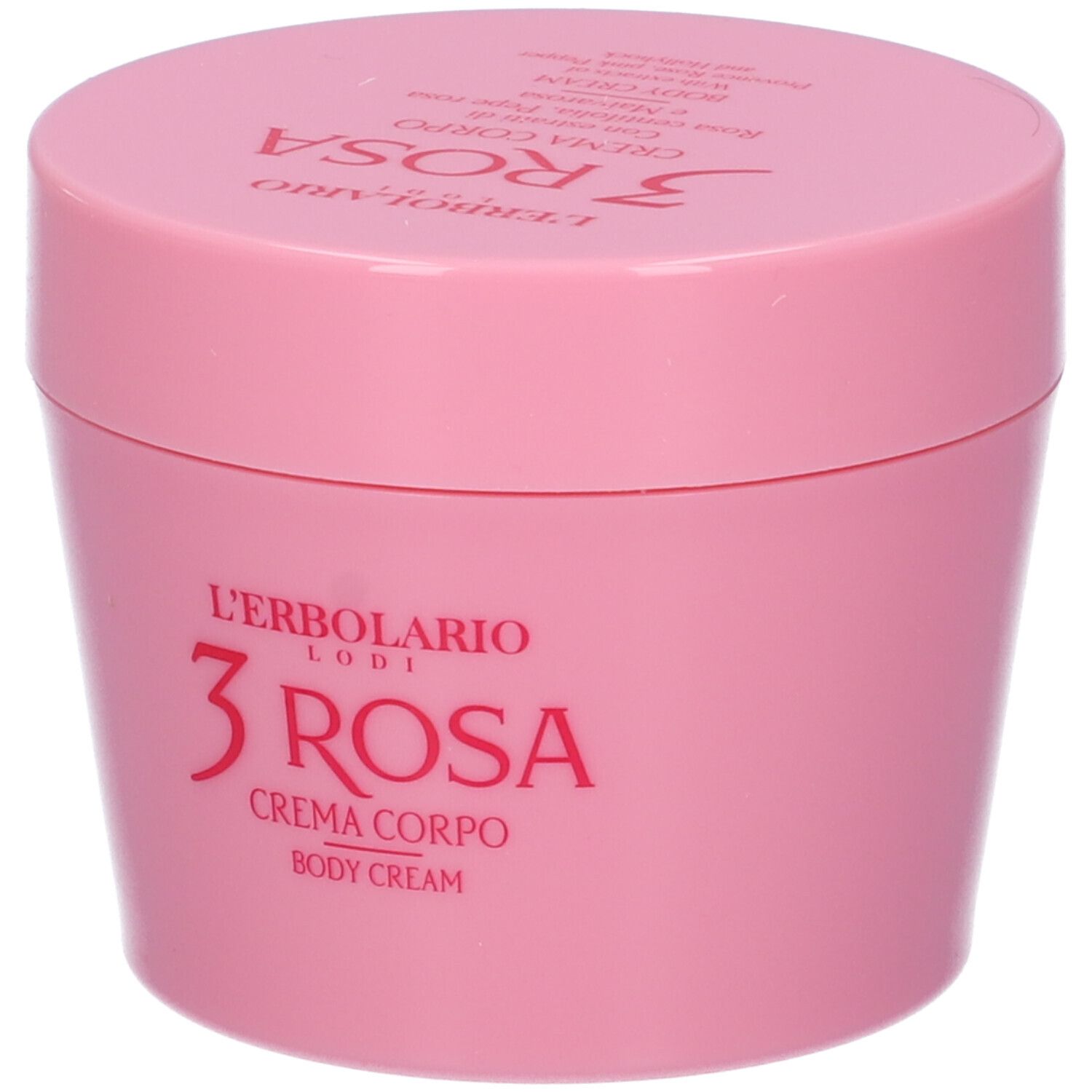 Rosa Tiegel mit Deckel. Text: L'Erbolario, 3 Rosa, Crema Corpo, Body Cream.