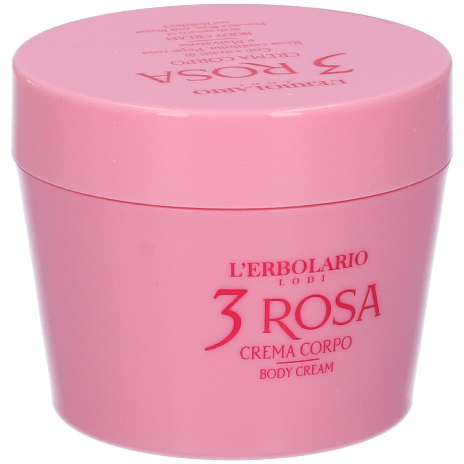 Rosa Tiegel mit Deckel. Text: L'Erbolario, 3 Rosa, Crema Corpo, Body Cream.