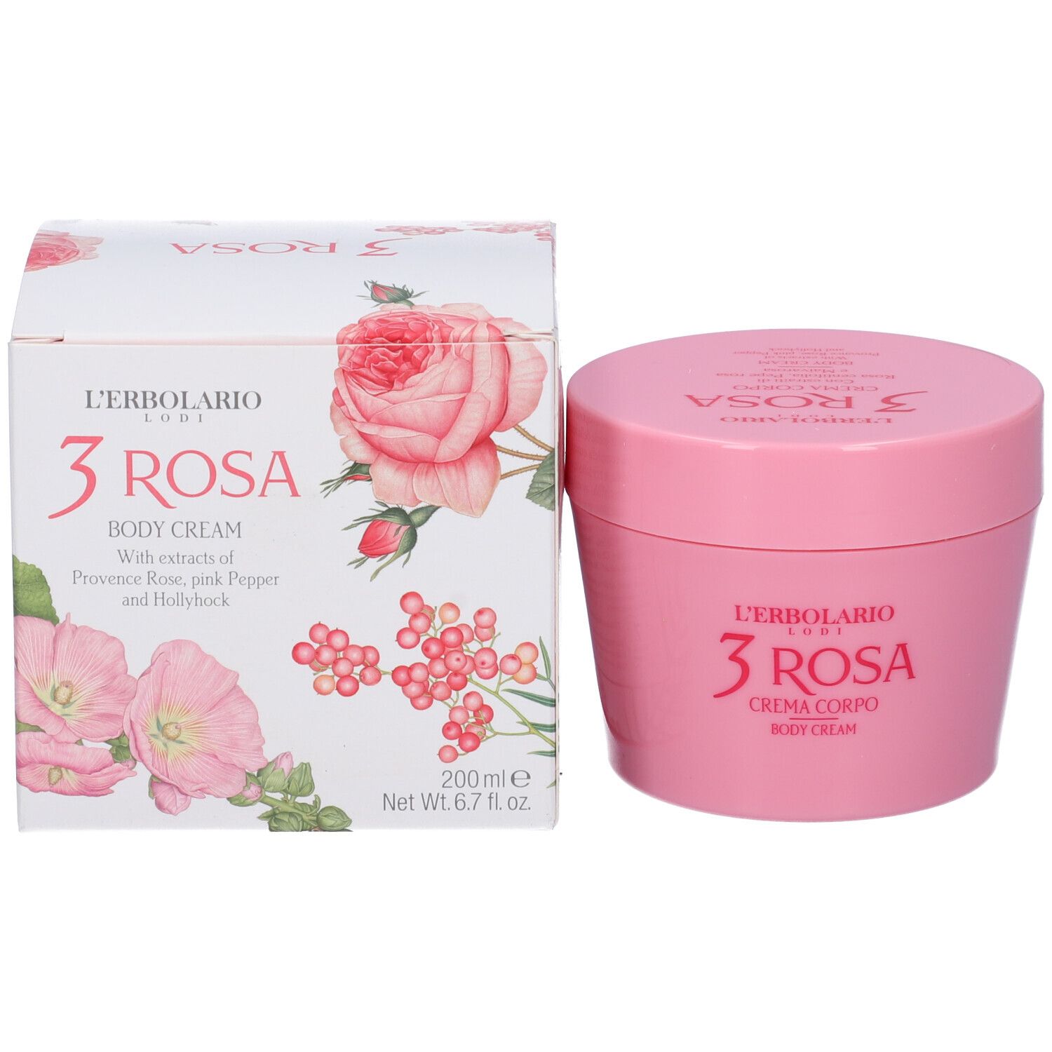 Rosa Tiegel und Karton. Text: L'Erbolario, 3 Rosa, Crema Corpo, Body Cream, 200ml.
