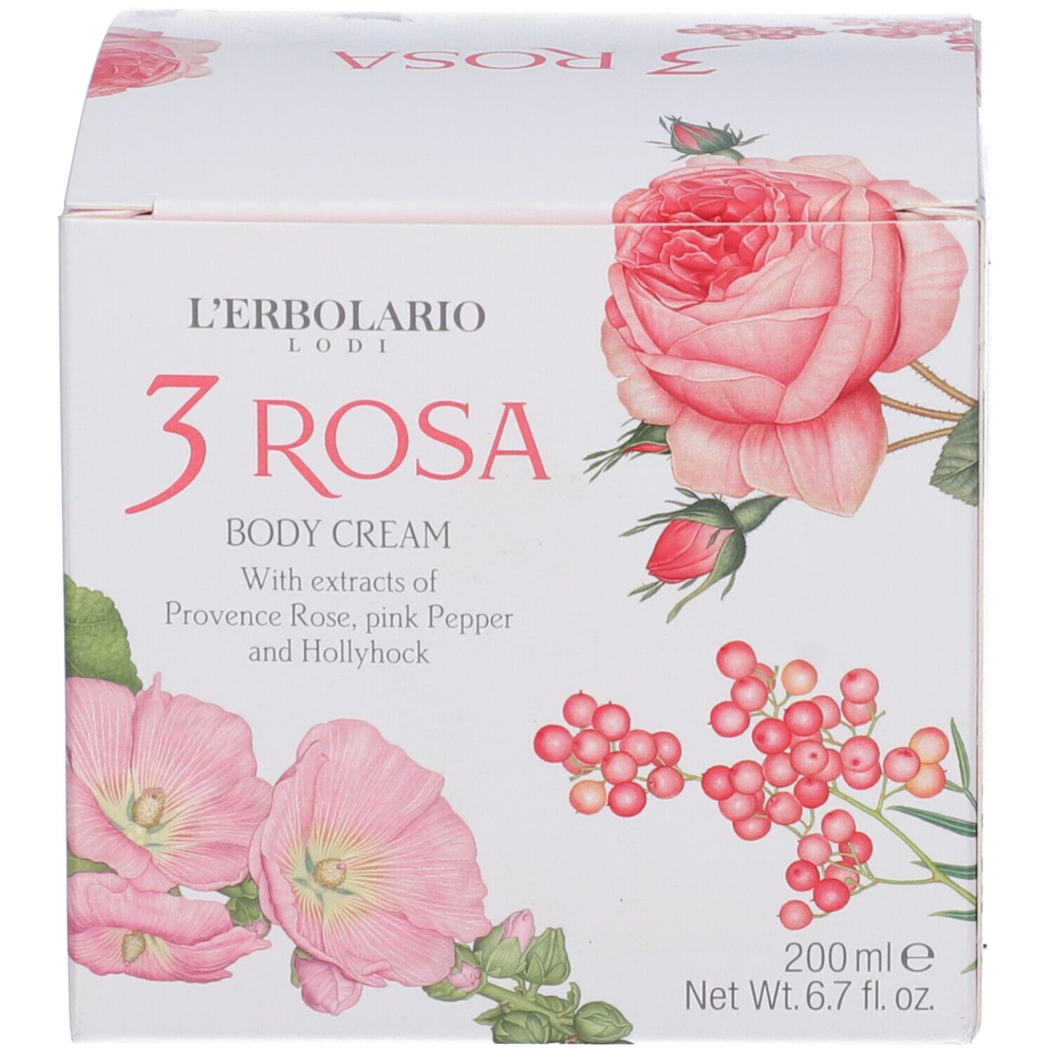Weißer Karton mit Rosen-Illustrationen. Text: L'Erbolario, 3 Rosa, Crema Corpo, 200ml.