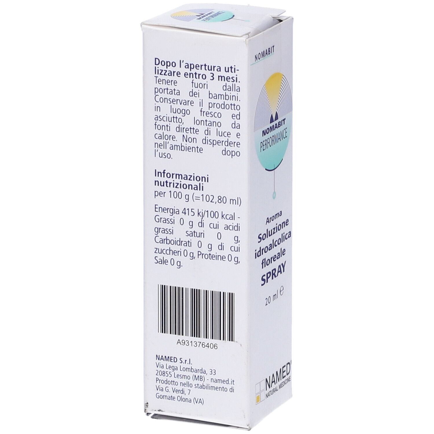 Retro della scatola Nomabit Performance Spray. Informazioni sull'uso, informazioni nutrizionali e indirizzo.