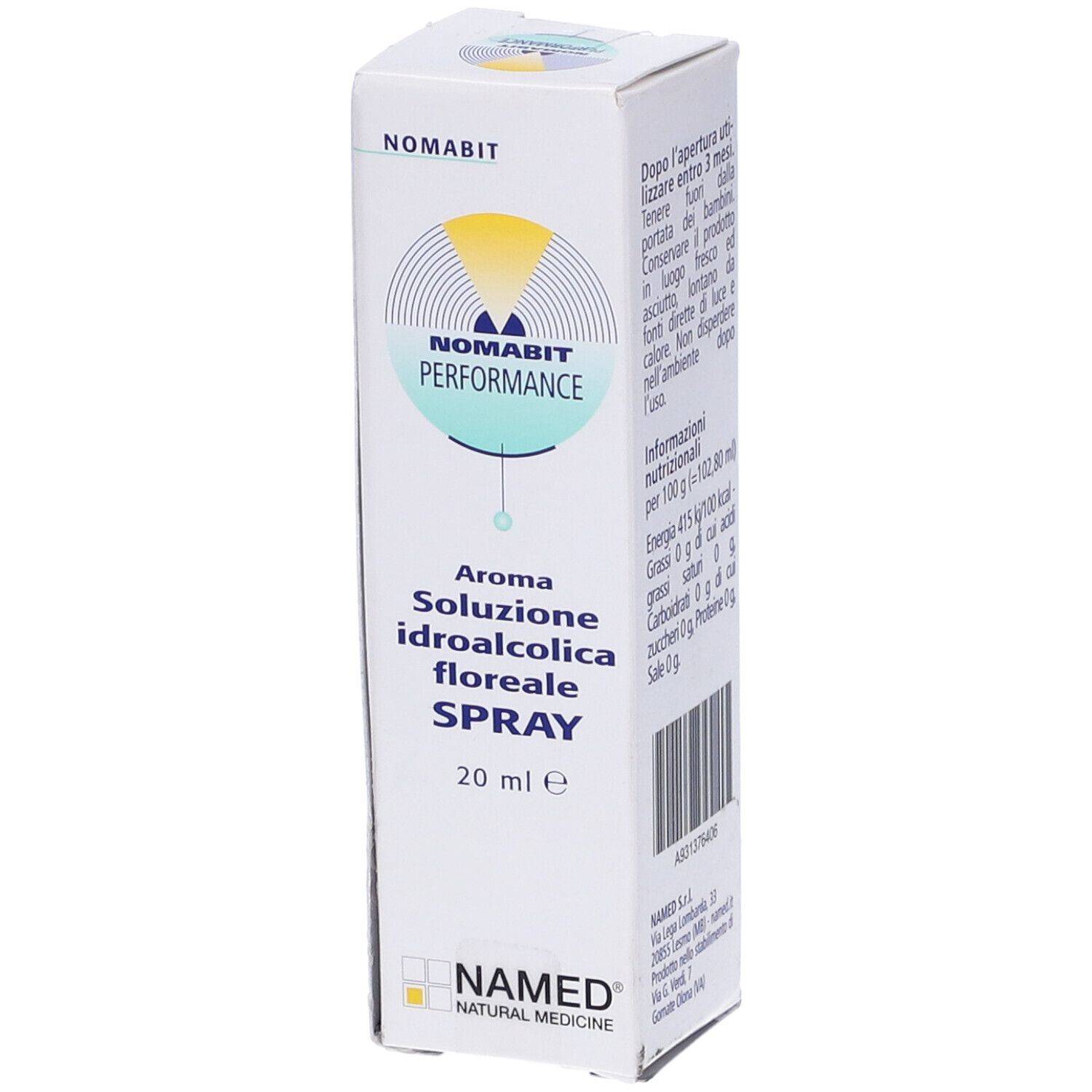 Retro della scatola Nomabit Performance Spray. Informazioni sull'uso, informazioni nutrizionali e indirizzo.