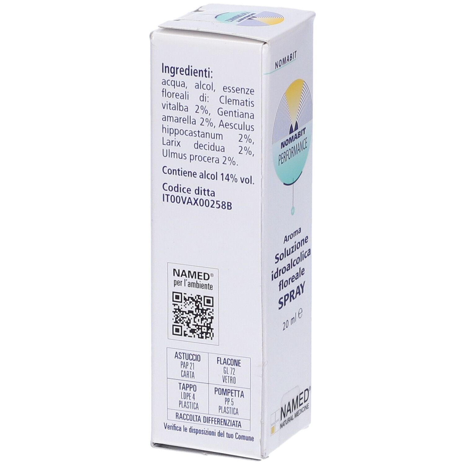 Retro della scatola Nomabit Performance Spray. Ingredienti, codice QR e informazioni sullo smaltimento.