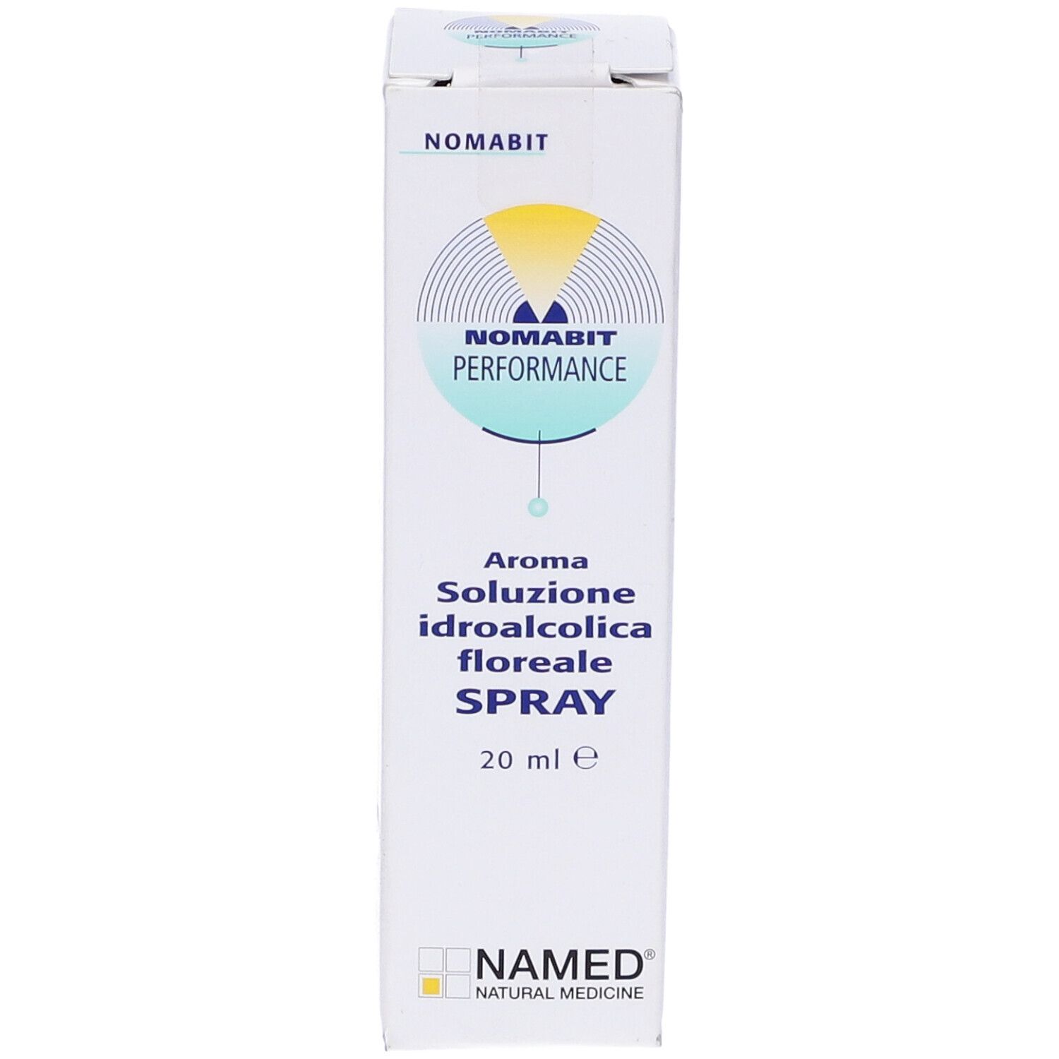 Scatola bianca Nomabit Performance Spray. Nome del prodotto, logo e volume di 20 ml.