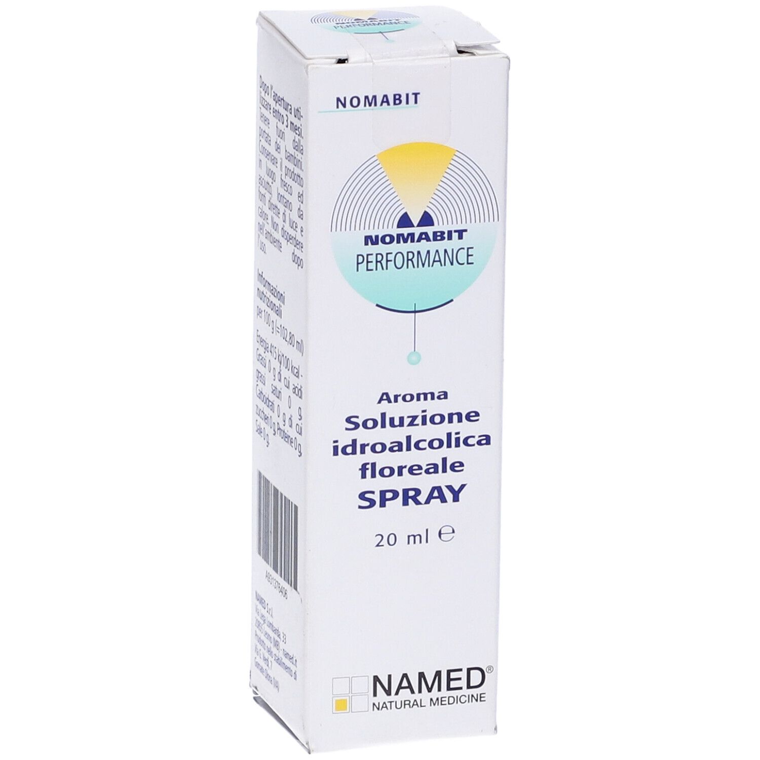 Retro della scatola Nomabit Performance Spray. Informazioni sull'uso e informazioni nutrizionali.