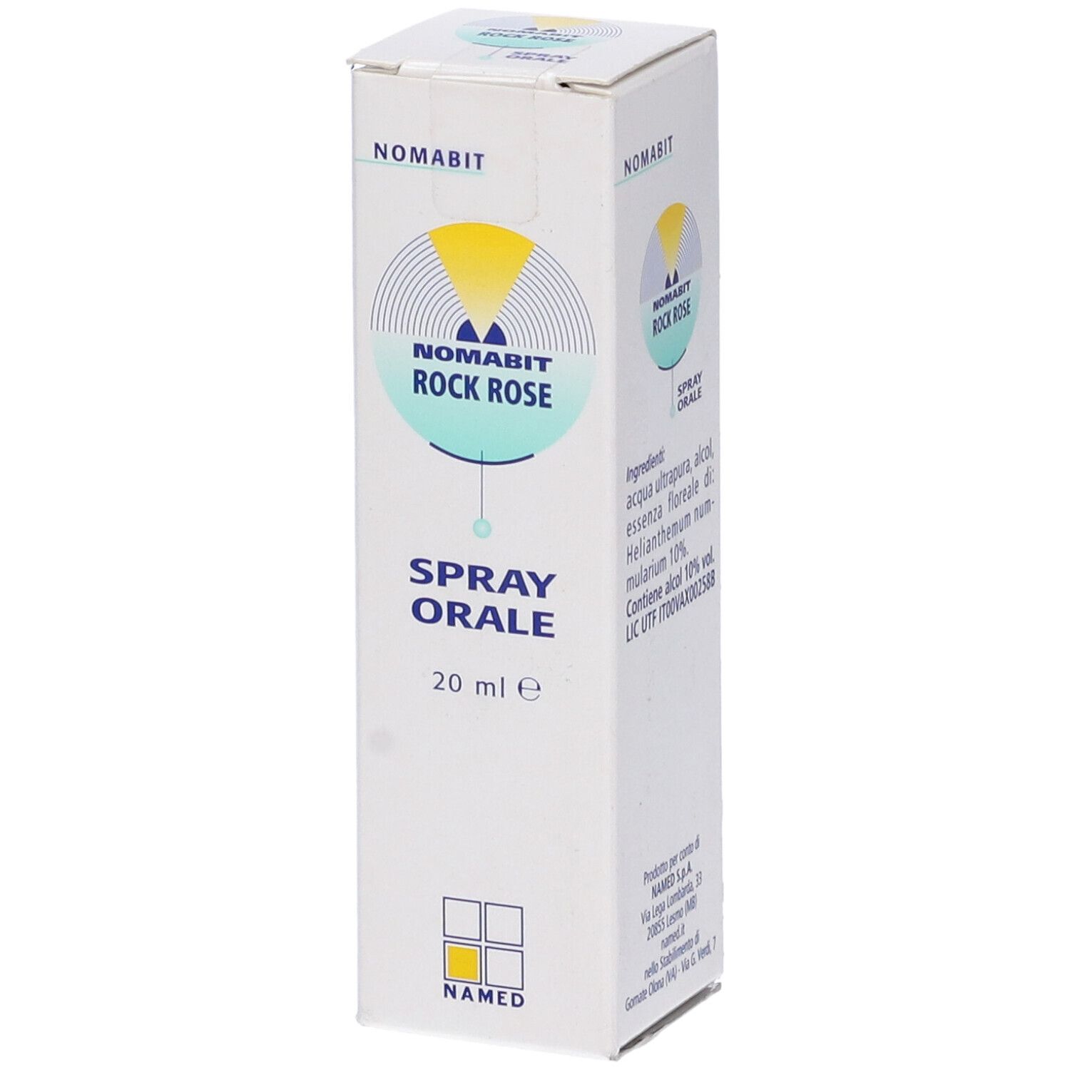 Scatola bianca con informazioni sul prodotto. Scritta: Nomabit Rock Rose Spray Orale, 20 ml.