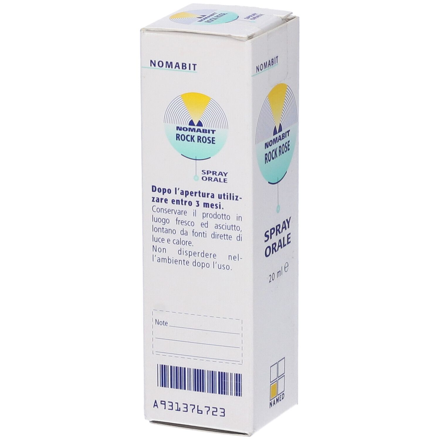 Scatola bianca con informazioni sul prodotto. Scritta: Nomabit Rock Rose Spray Orale, 20 ml.