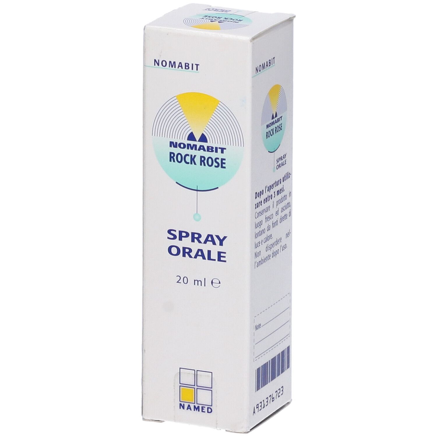 Scatola bianca con informazioni sul prodotto. Scritta: Nomabit Rock Rose Spray Orale, 20 ml.