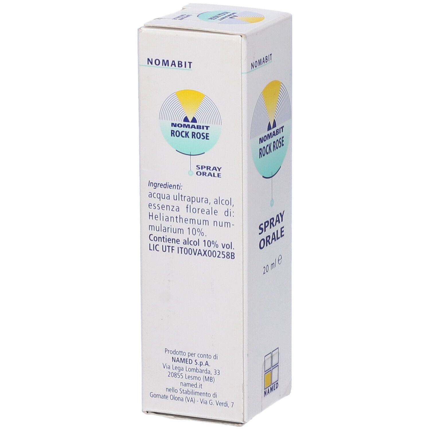 Scatola bianca con informazioni sul prodotto. Scritta: Nomabit Rock Rose Spray Orale, 20 ml.