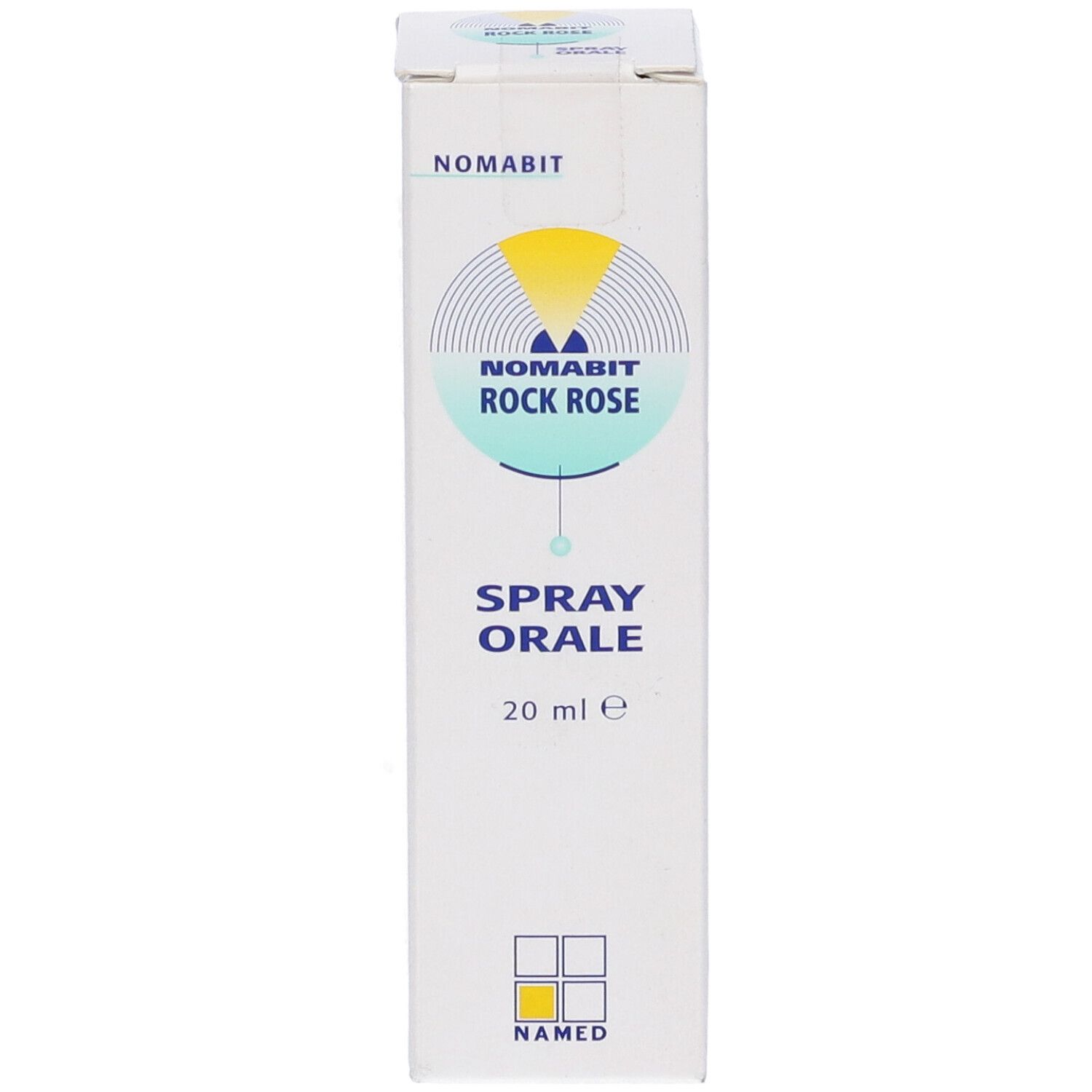 Scatola bianca con informazioni sul prodotto. Scritta: Nomabit Rock Rose Spray Orale, 20 ml.