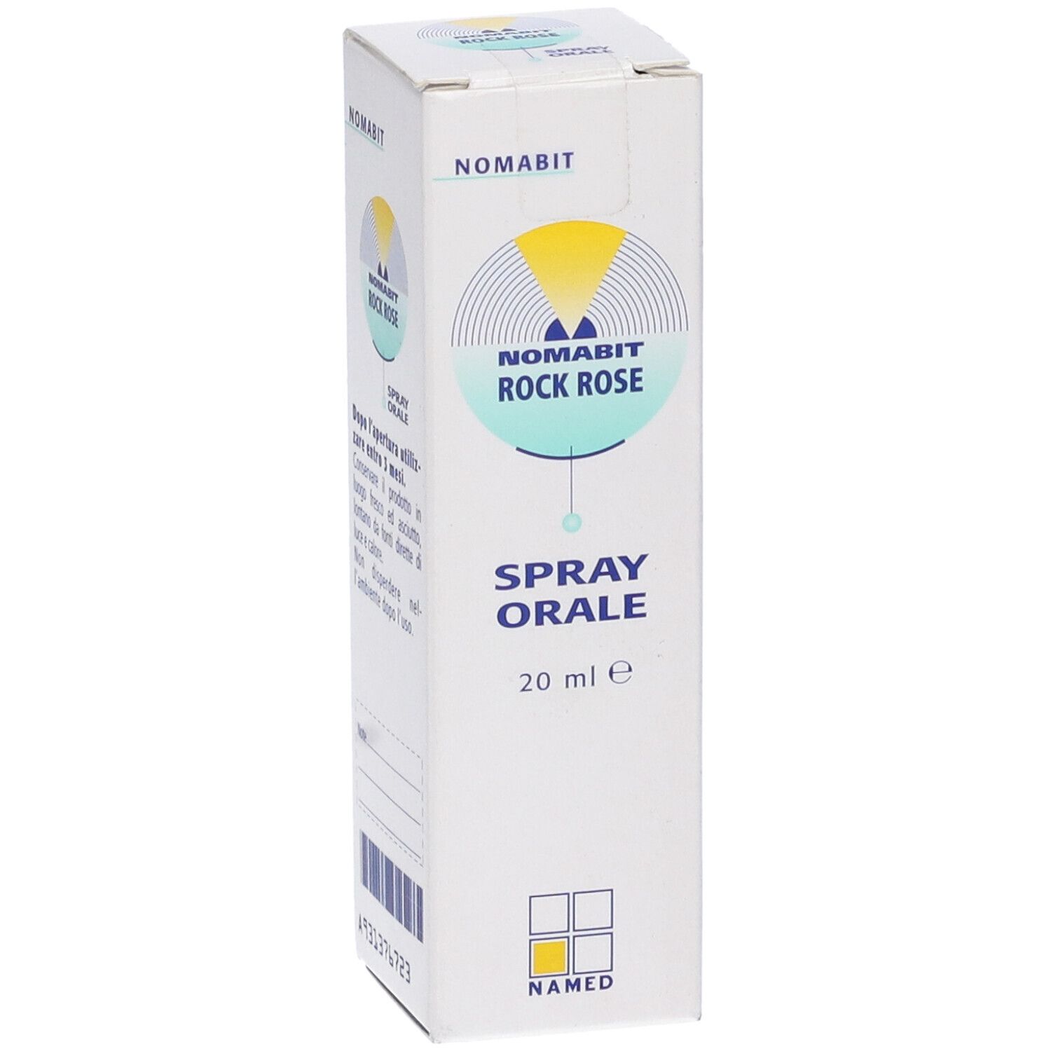 Scatola bianca con informazioni sul prodotto. Scritta: Nomabit Rock Rose Spray Orale, 20 ml.