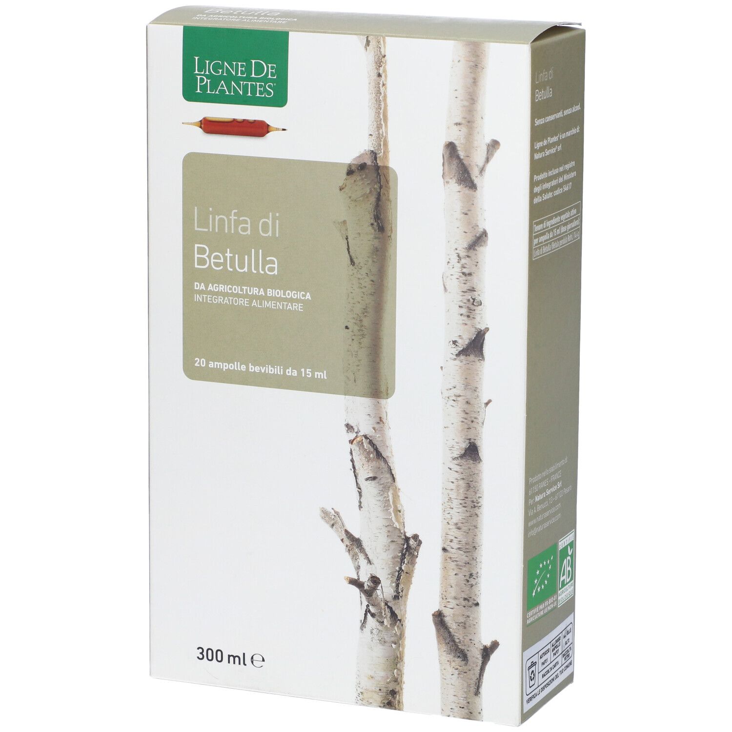 Confezione prodotto con motivo betulla. Testo: Linfa di Betulla, 20 fiale, 300 ml. Logo: Ligne de Plantes.