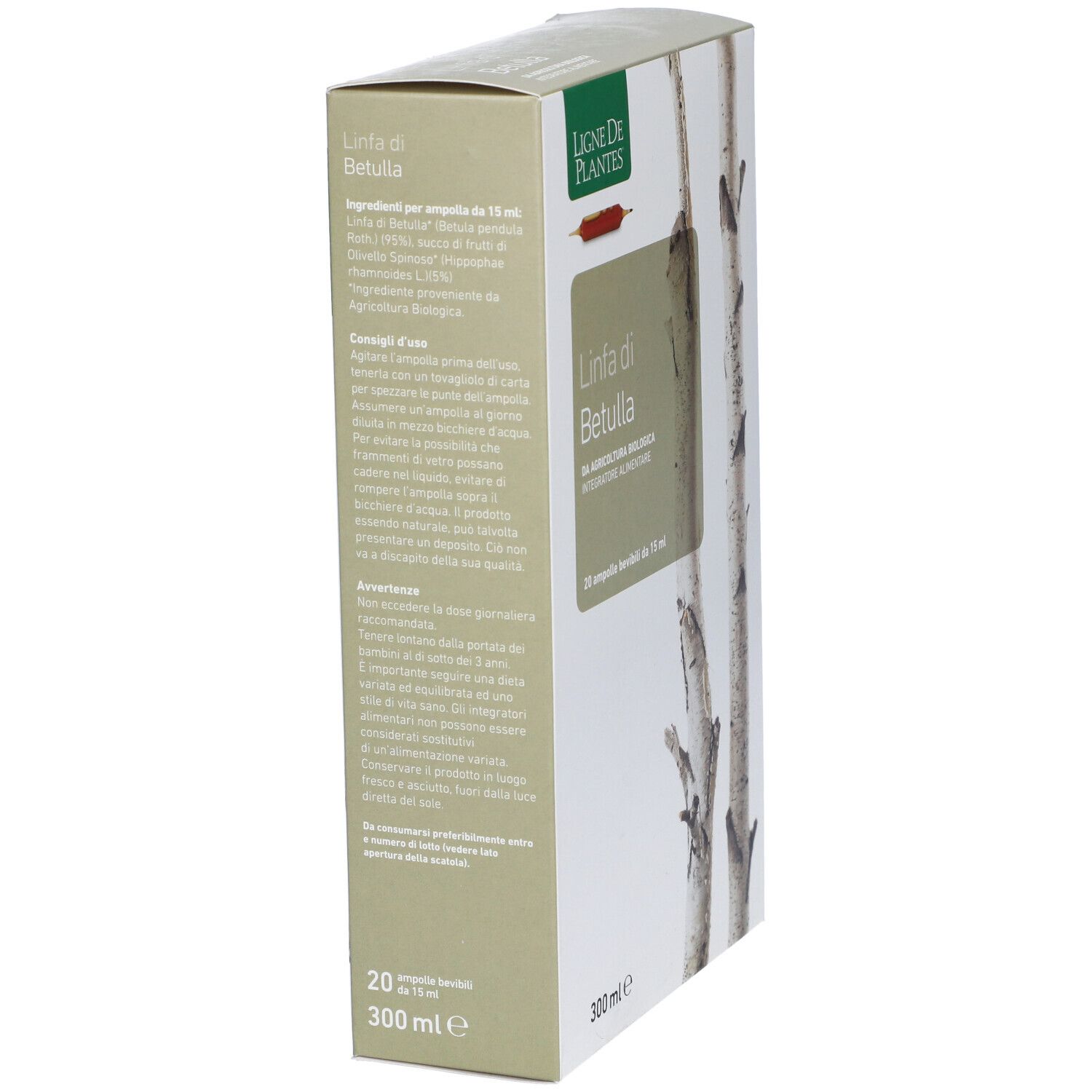 Confezione prodotto con testo e motivo betulla. Testo: Linfa di Betulla, 20 fiale, 300 ml. Logo: Ligne de Plantes.