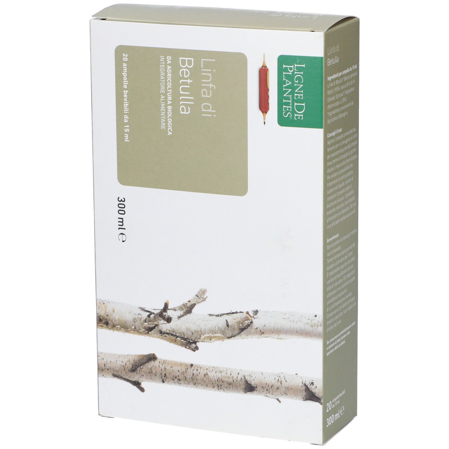 Confezione prodotto con testo e motivo betulla. Testo: Linfa di Betulla, 20 fiale, 300 ml. Logo: Ligne de Plantes.
