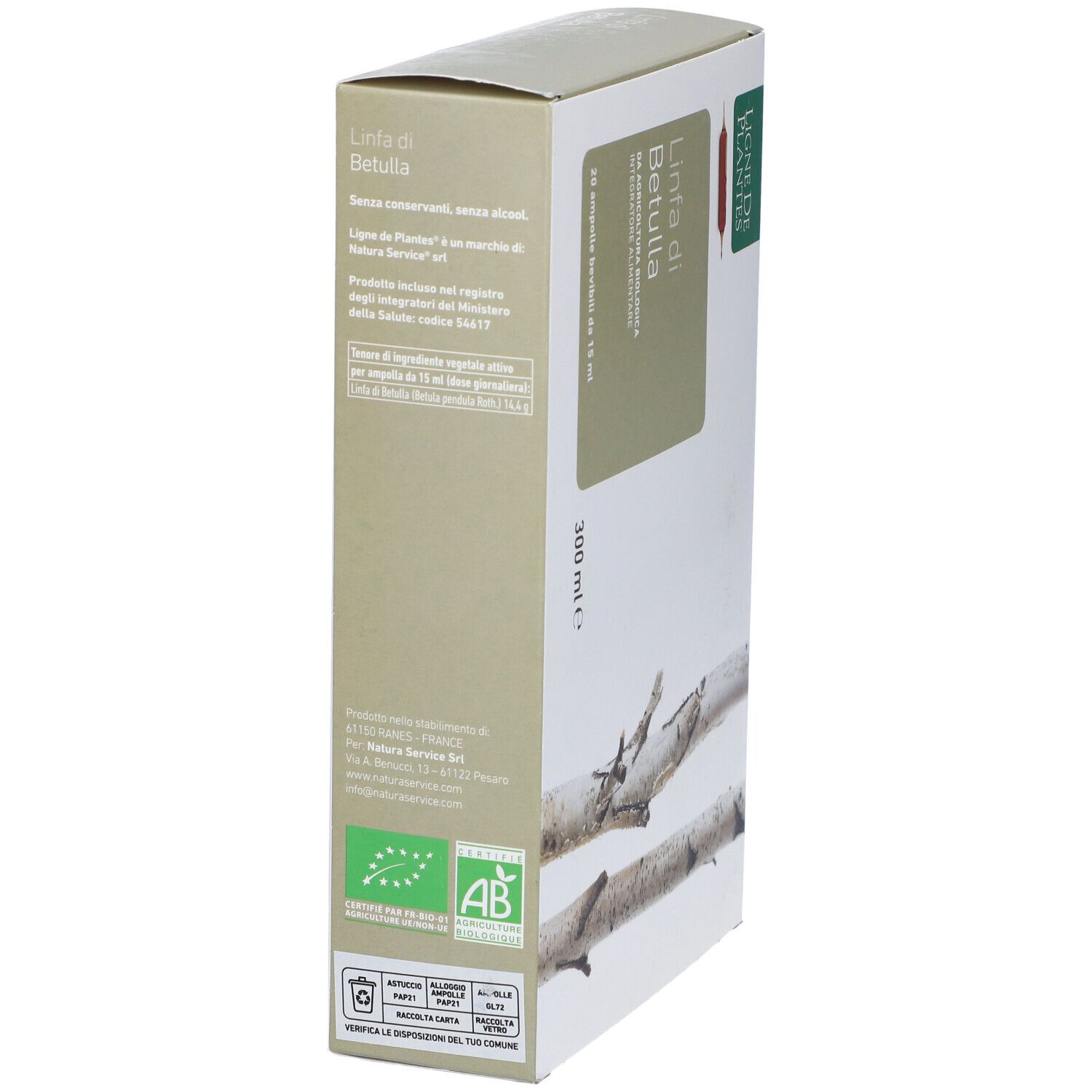 Confezione prodotto con testo e motivo betulla. Testo: Linfa di Betulla, 20 fiale, 300 ml. Logo: Ligne de Plantes.