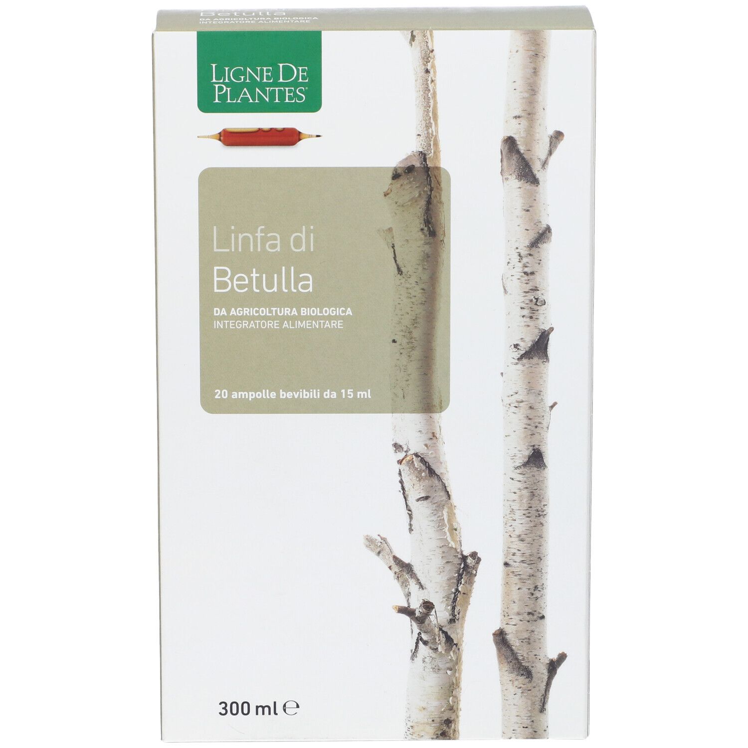 Confezione prodotto con testo e motivo betulla. Testo: Linfa di Betulla, 20 fiale, 300 ml. Logo: Ligne de Plantes.