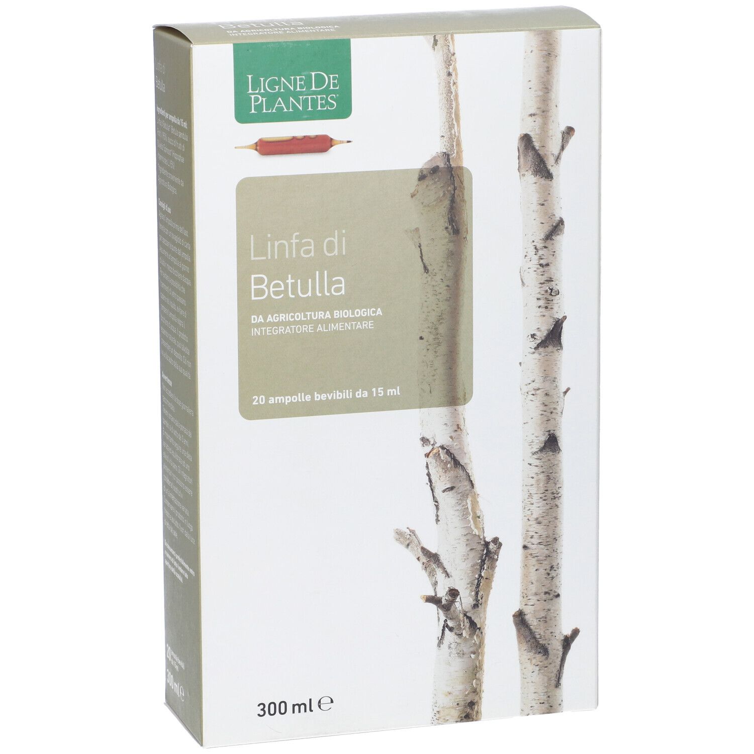 Confezione prodotto con testo e motivo betulla. Testo: Linfa di Betulla, 20 fiale, 300 ml. Logo: Ligne de Plantes.