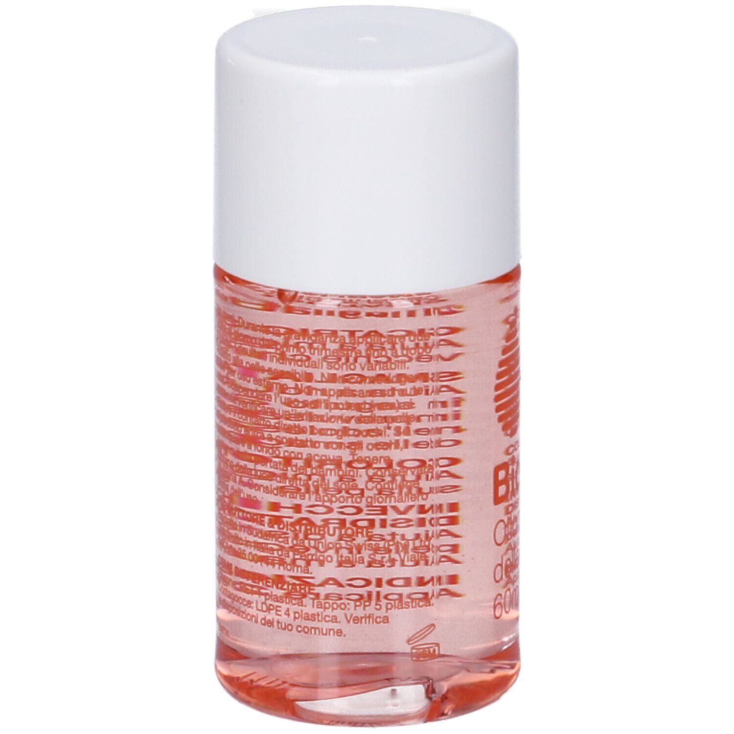 Rückseite der Bio-Oil®-Flasche. Text in italienischer Sprache. Orangefarbenes Logo. Weißer Deckel.