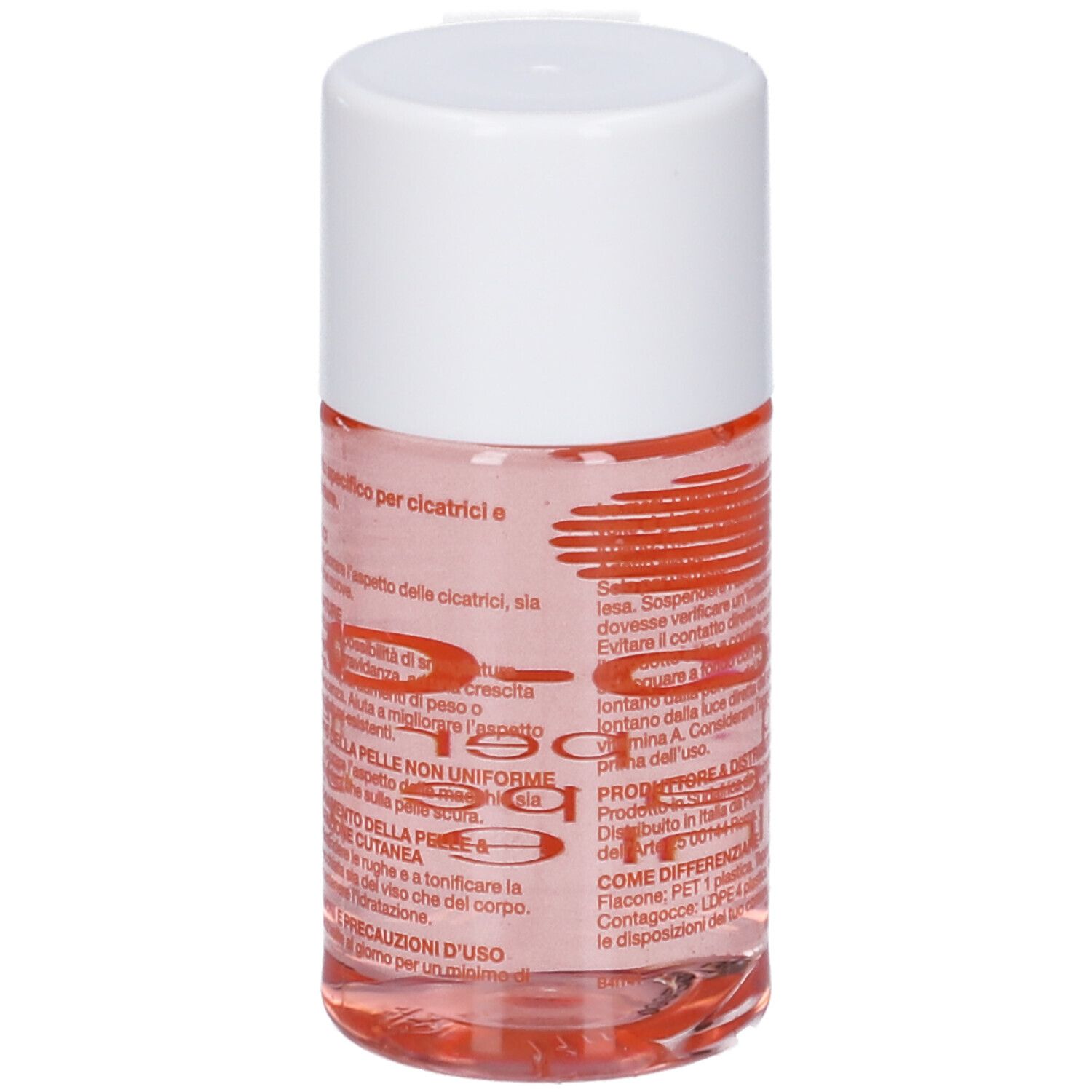 Rückseite der Bio-Oil®-Flasche. Text in italienischer Sprache. Weißer Deckel. Transparente Flüssigkeit.