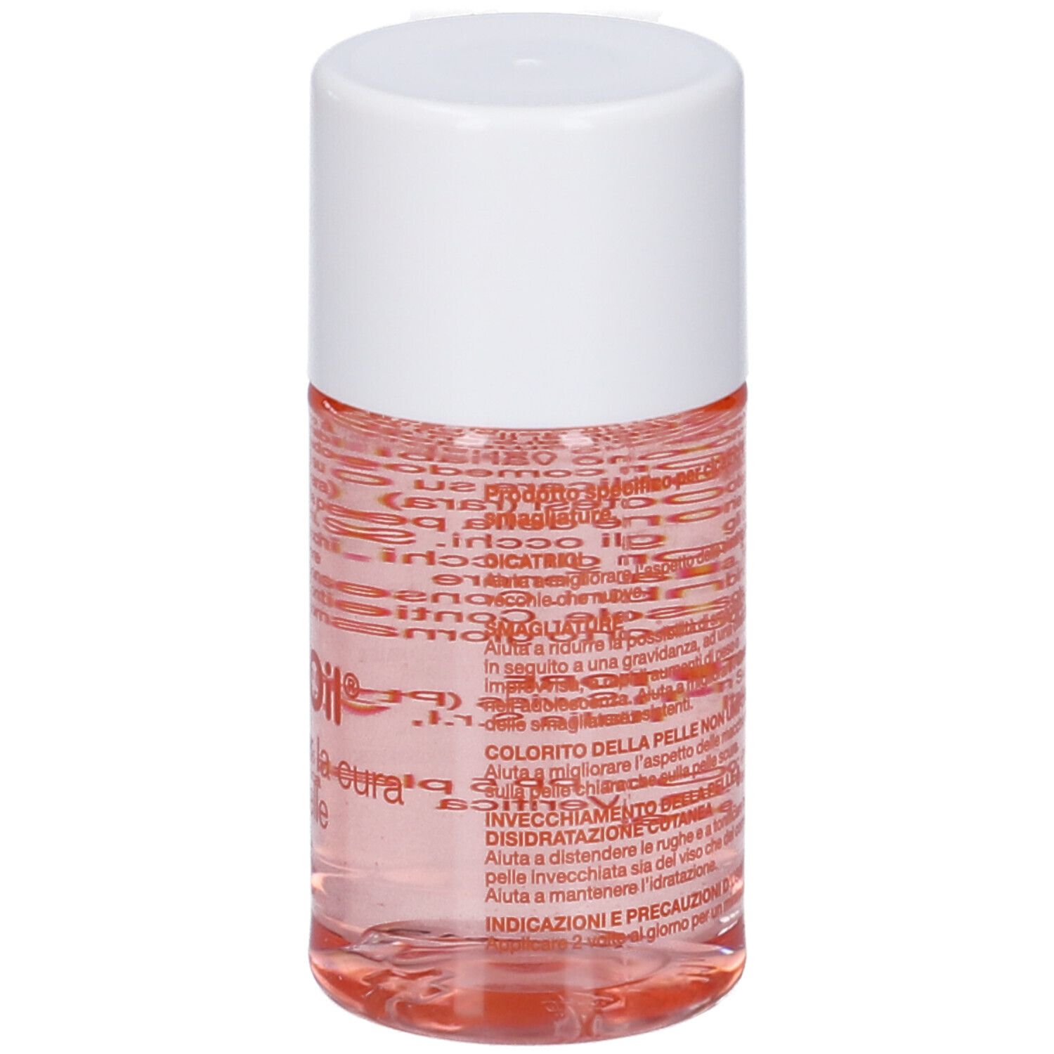 Rückseite der Bio-Oil®-Flasche. Text in italienischer Sprache. Weißer Deckel. Transparente Flüssigkeit.