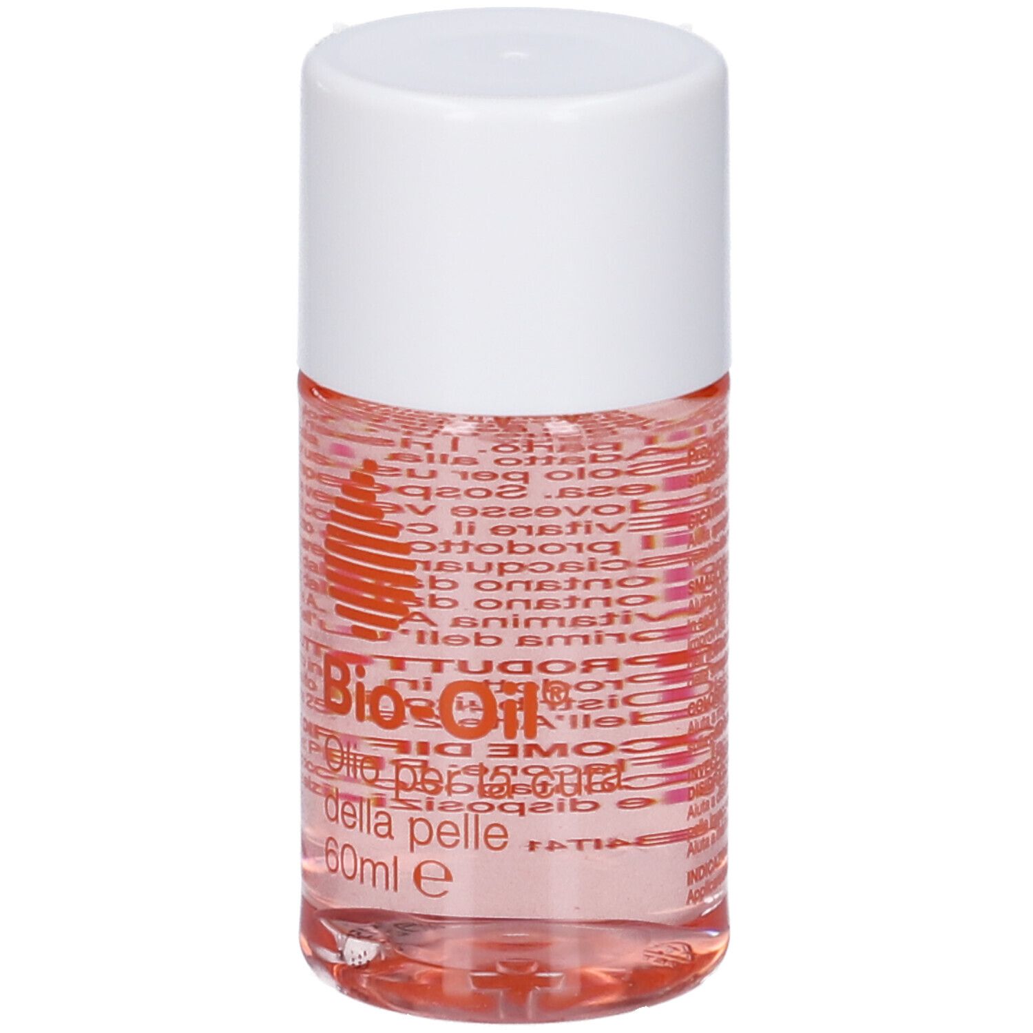 Bio-Oil®-Flasche mit weißem Deckel. Aufschrift: Olio per la cura della pelle, 60ml e. Orangefarbenes Logo.