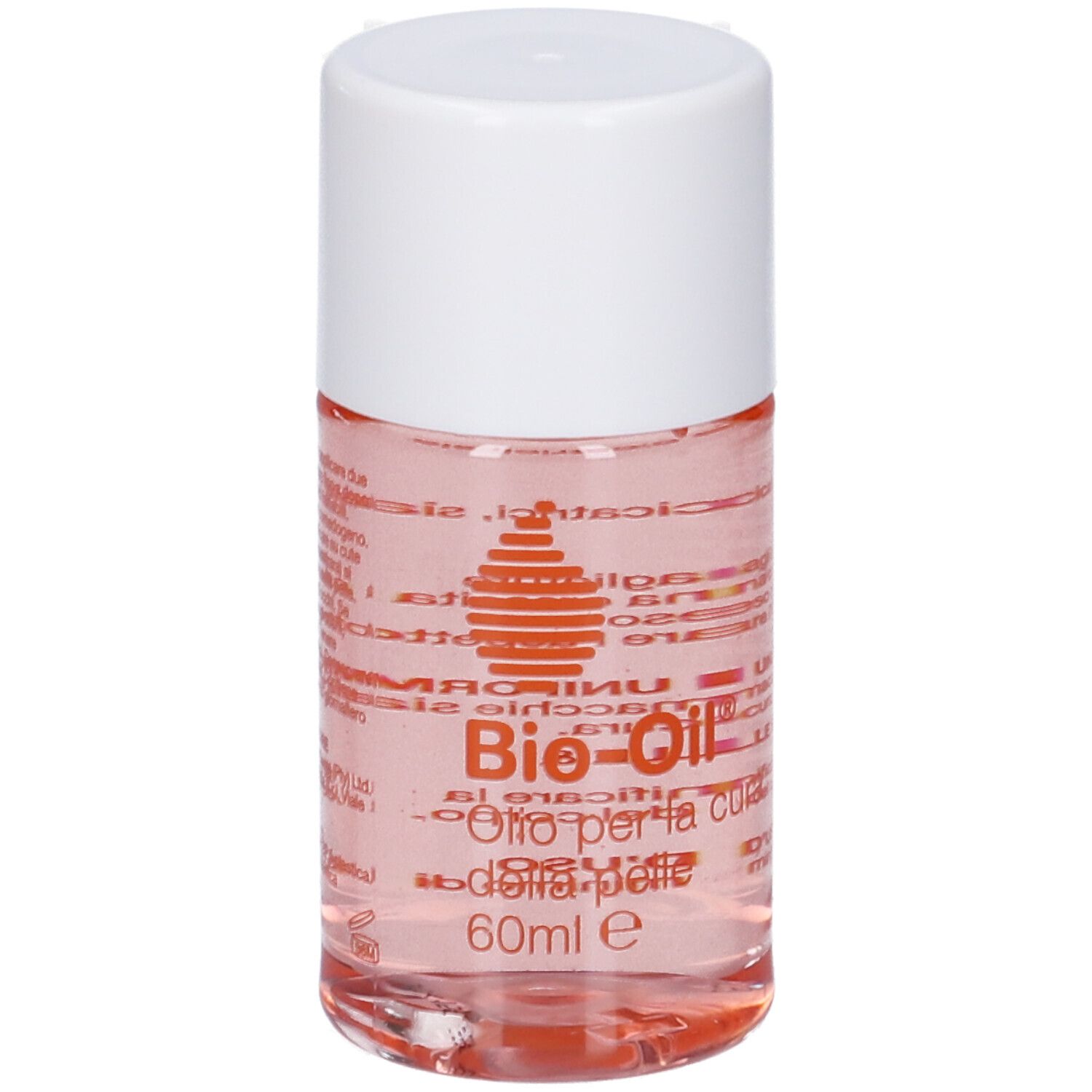 Bio-Oil®-Flasche mit weißem Deckel. Aufschrift: Olio per la cura della pelle, 60ml e. Orangefarbenes Logo.