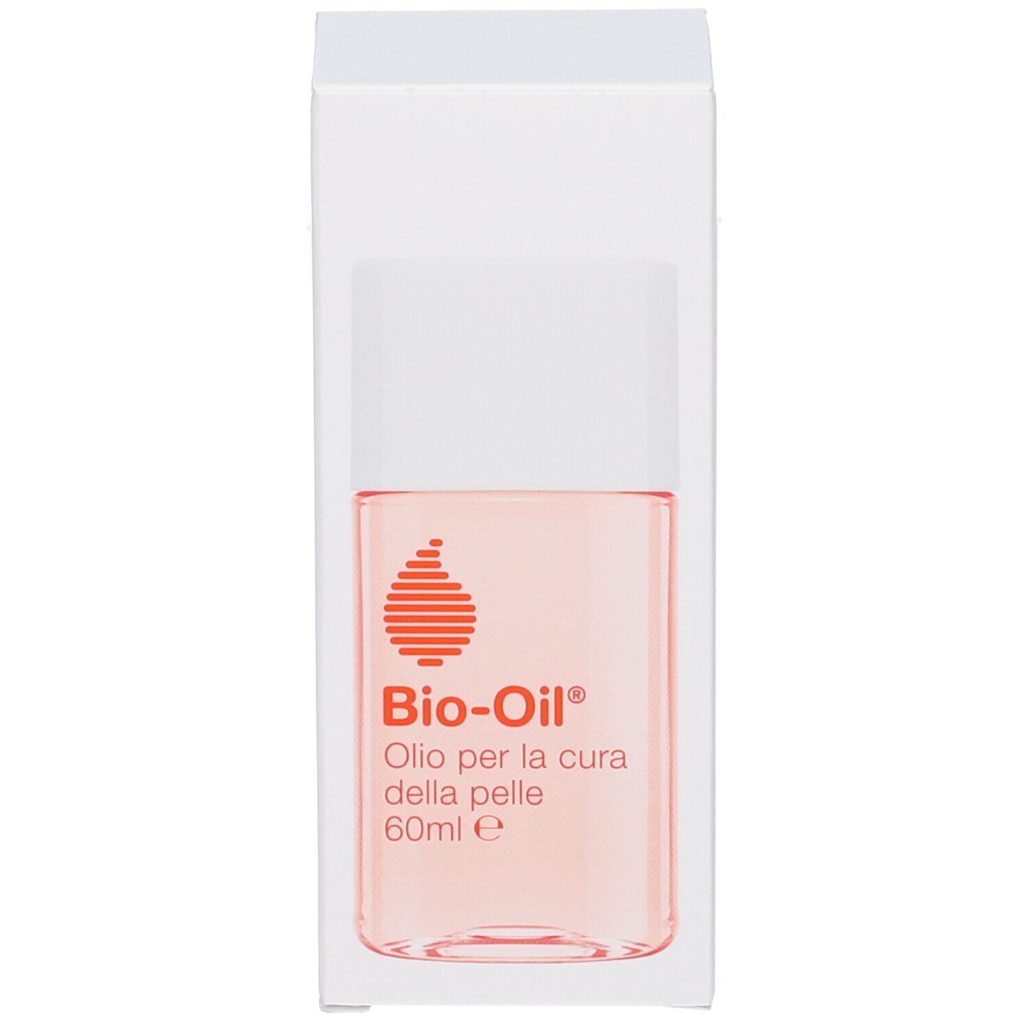 Bio-Oil®-Flasche in weißer Verpackung. Aufschrift: Olio per la cura della pelle, 60ml e. Orangefarbenes Logo.